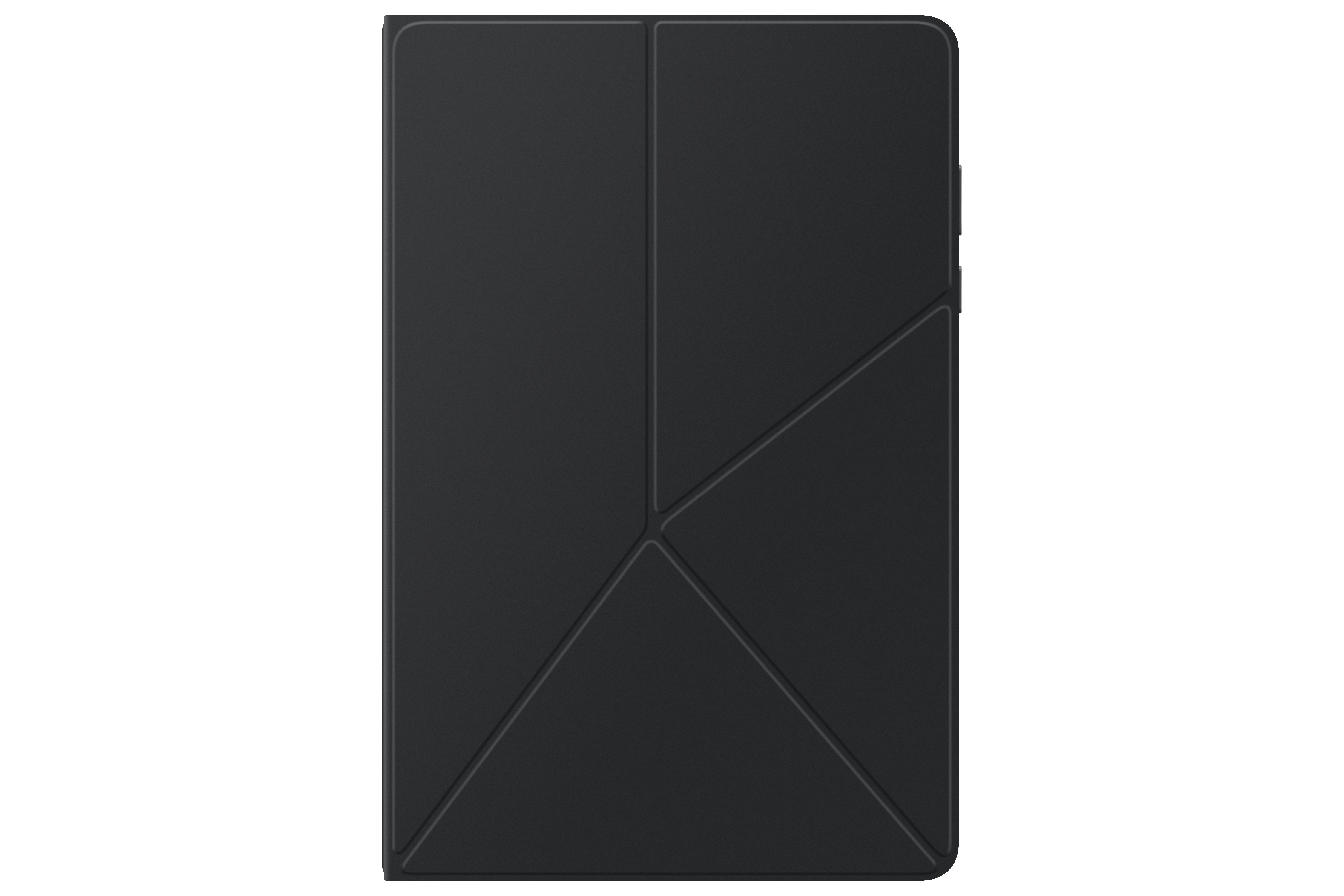 Eine schwarze Tablethülle mit geometrischem Design. Geschlossen, mit gemusterter Oberfläche vor weißem Hintergrund.