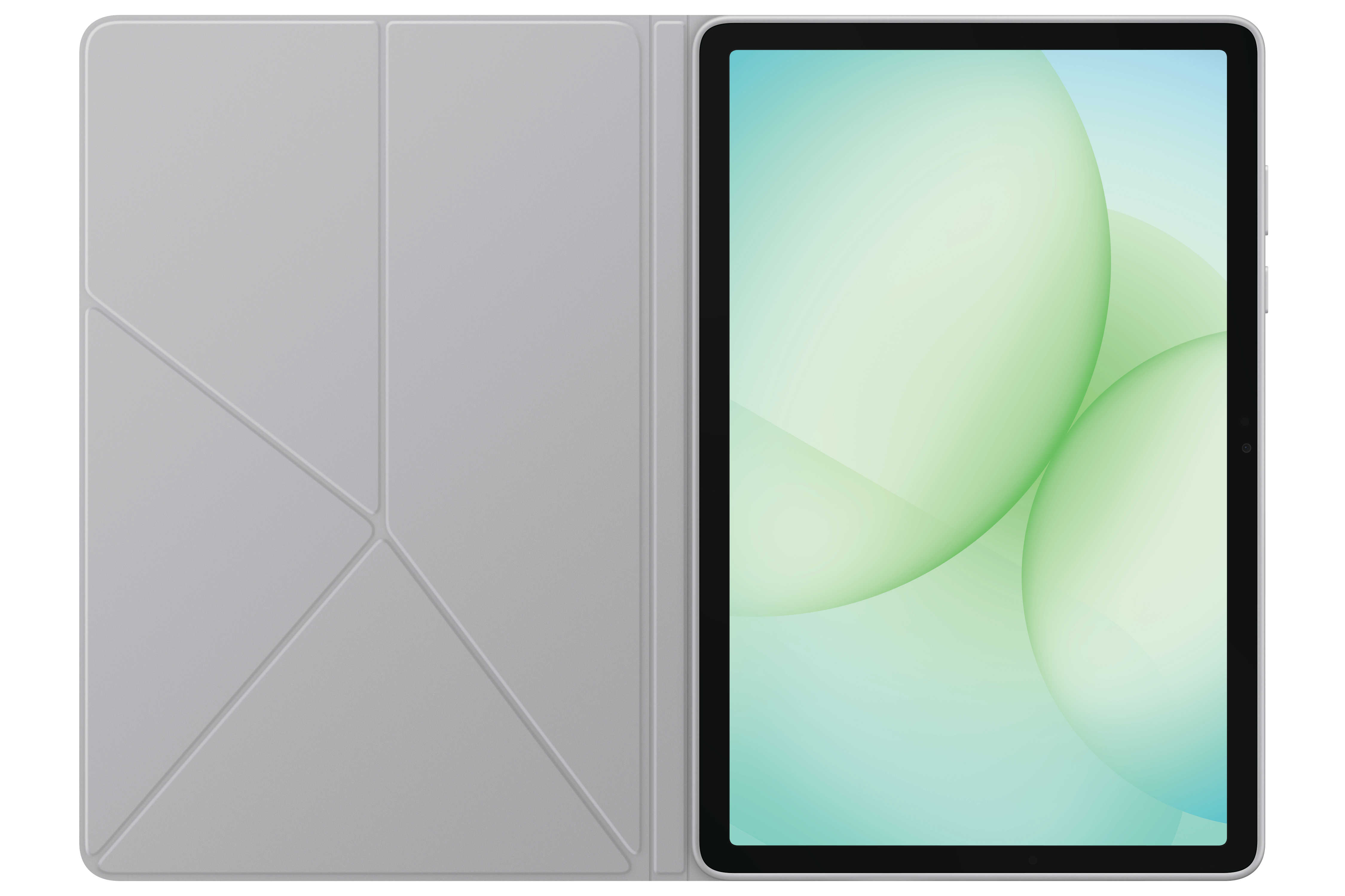 Tablet mit hellgrauer Hülle, geöffnet, um einen Bildschirm mit grünen und blauen abstrakten Formen zu zeigen.