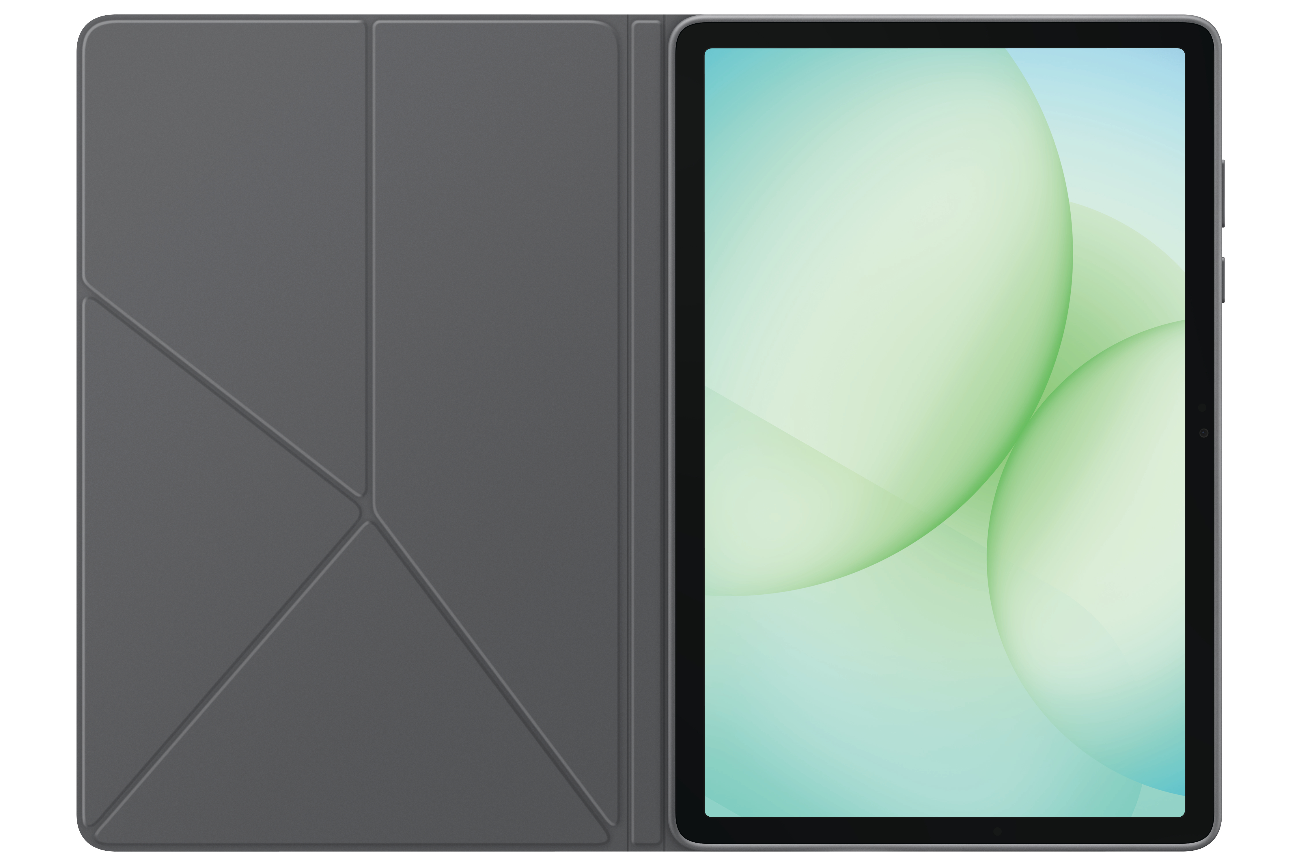 Tablet in grauem Gehäuse, offen. Bildschirm zeigt abstraktes grün-weißes Design. Gehäuse ist zurückgeklappt.