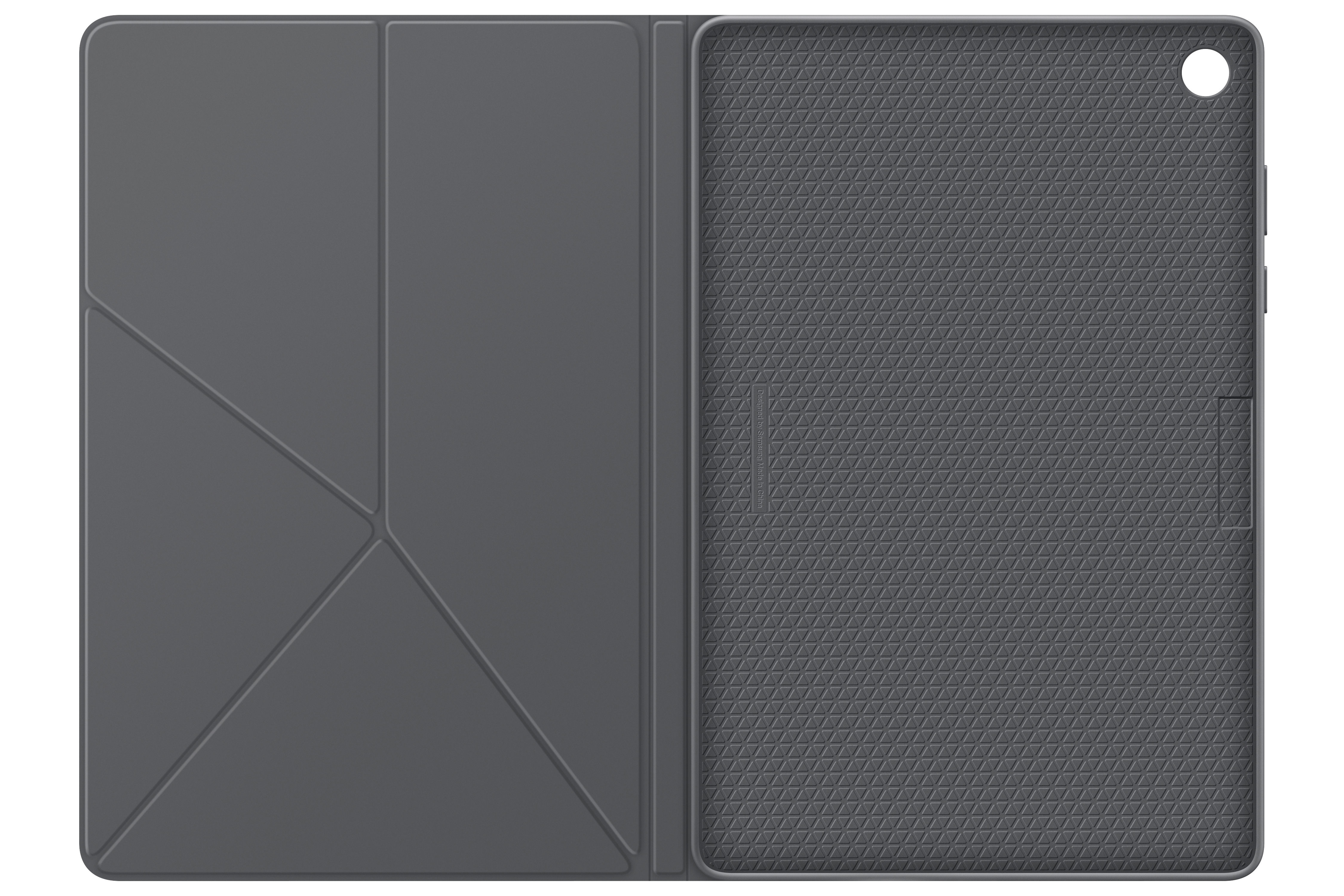 Offene Tablet-Hülle, graue Außenseite mit geometrischem Design, strukturierte Innenseite. Tablet-Umriss rechts.