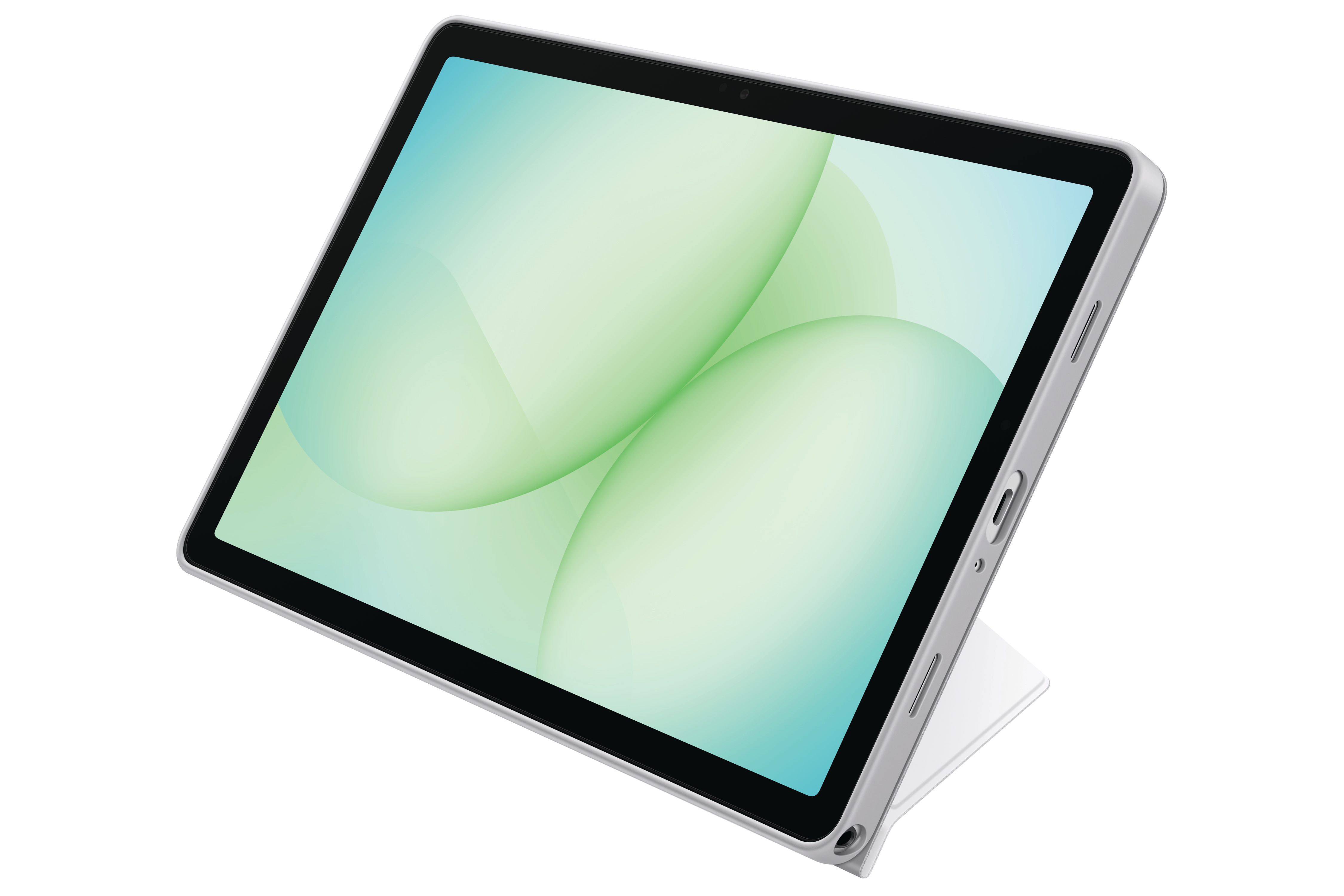 Tablet auf weißer Oberfläche. Der Bildschirm zeigt abstrakte grüne und blaue Formen. Tablet ist silber mit schwarzem Rand.
