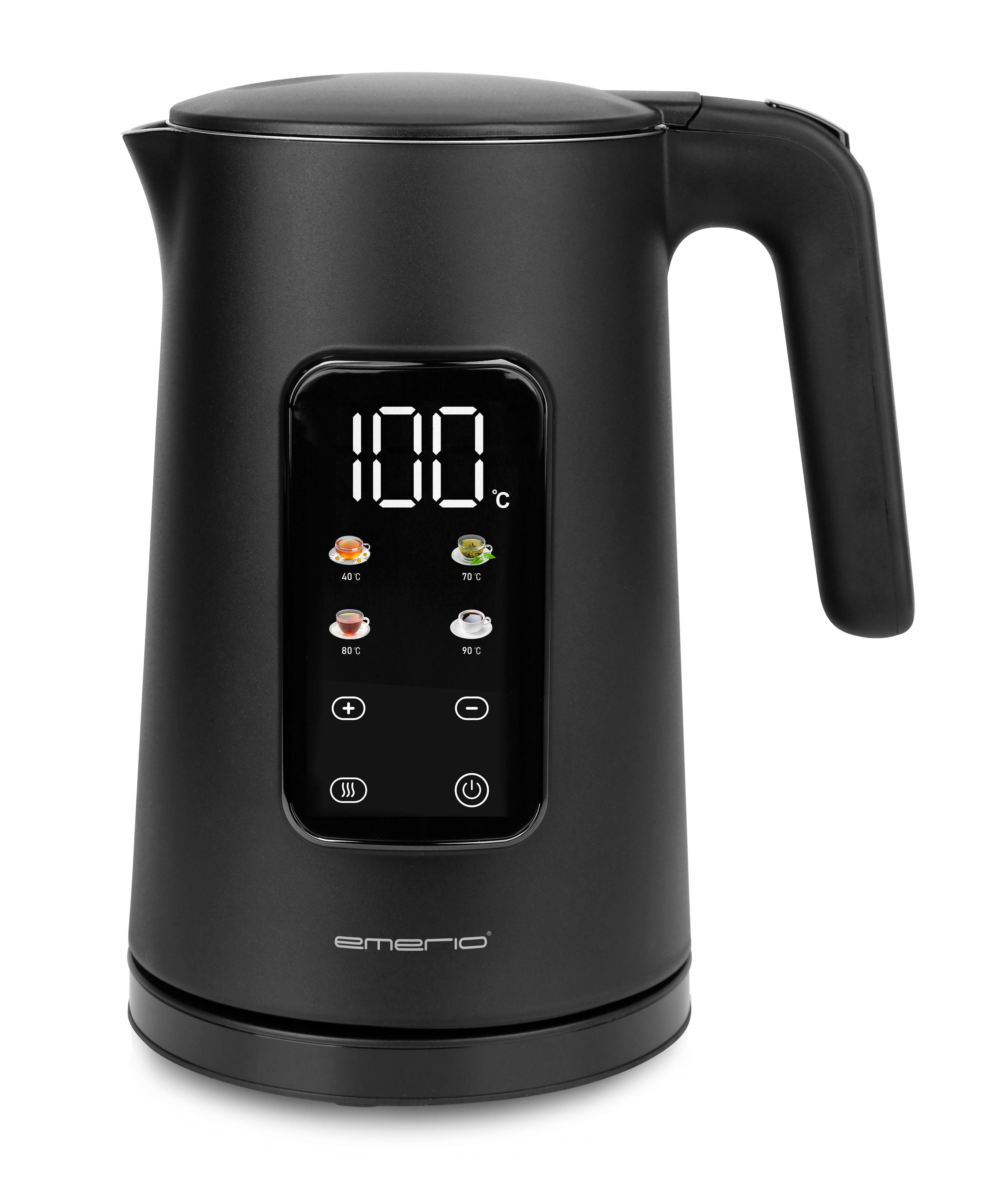 Schwarzer Wasserkocher mit digitaler Anzeige, die 100°C anzeigt. Hat Knöpfe und Symbole für Temperatureinstellungen. Marke Emerio.
