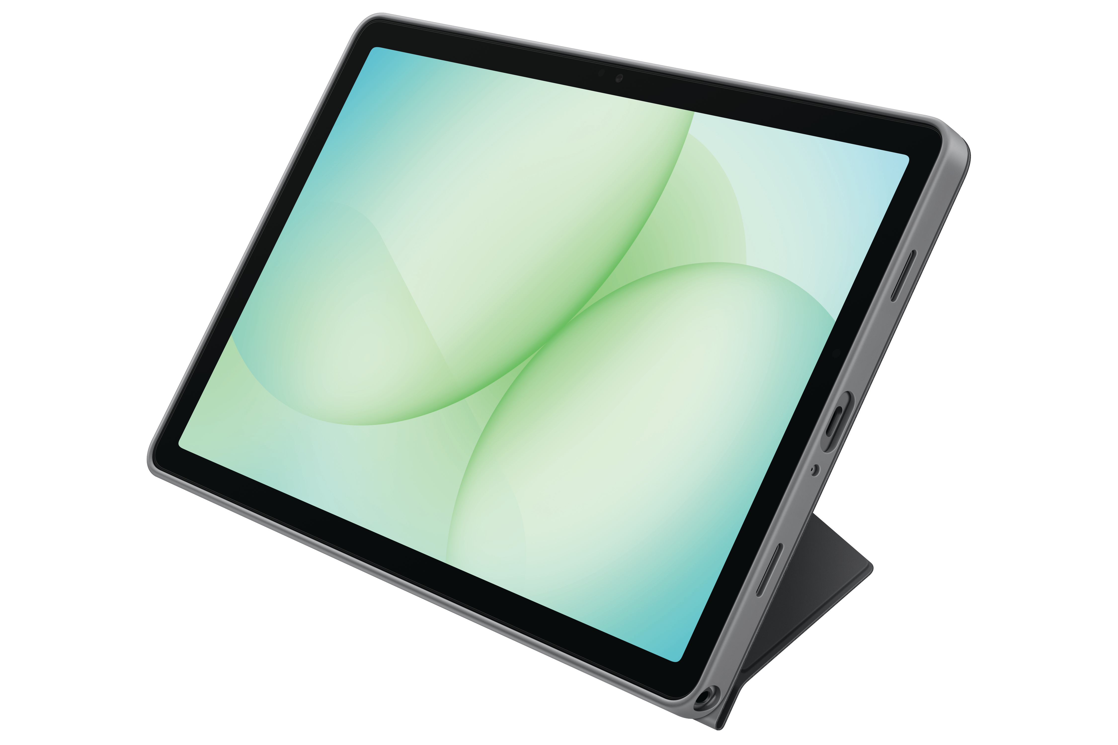 Tablet auf weißem Hintergrund. Der Bildschirm zeigt einen grün-blauen Farbverlauf. Das Tablet steht in einem Ständer.