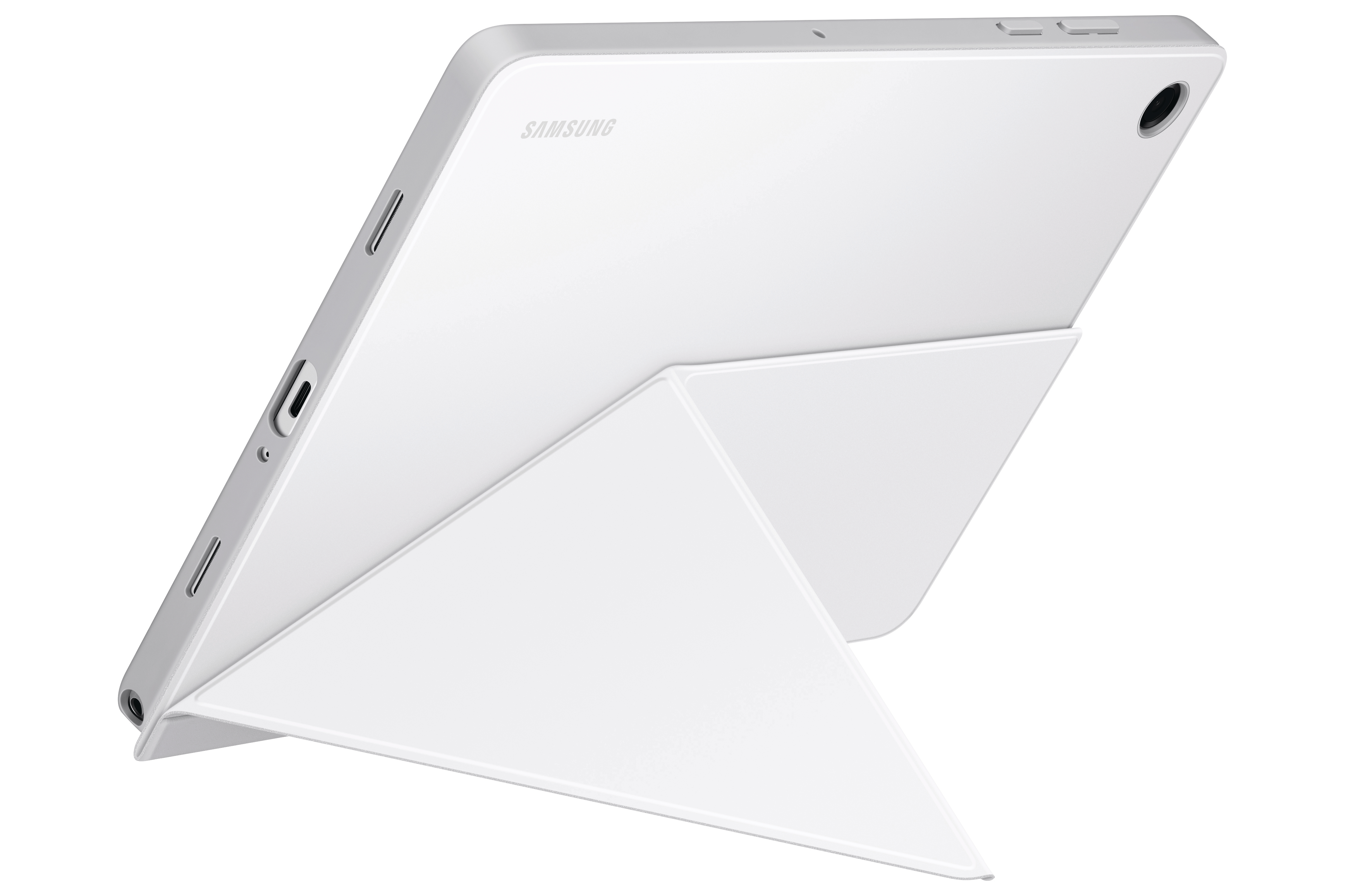 Weißes Samsung-Tablet mit weißer Hülle, abgewinkelt, zeigt die Rückseite und Anschlüsse. Samsung-Logo sichtbar.