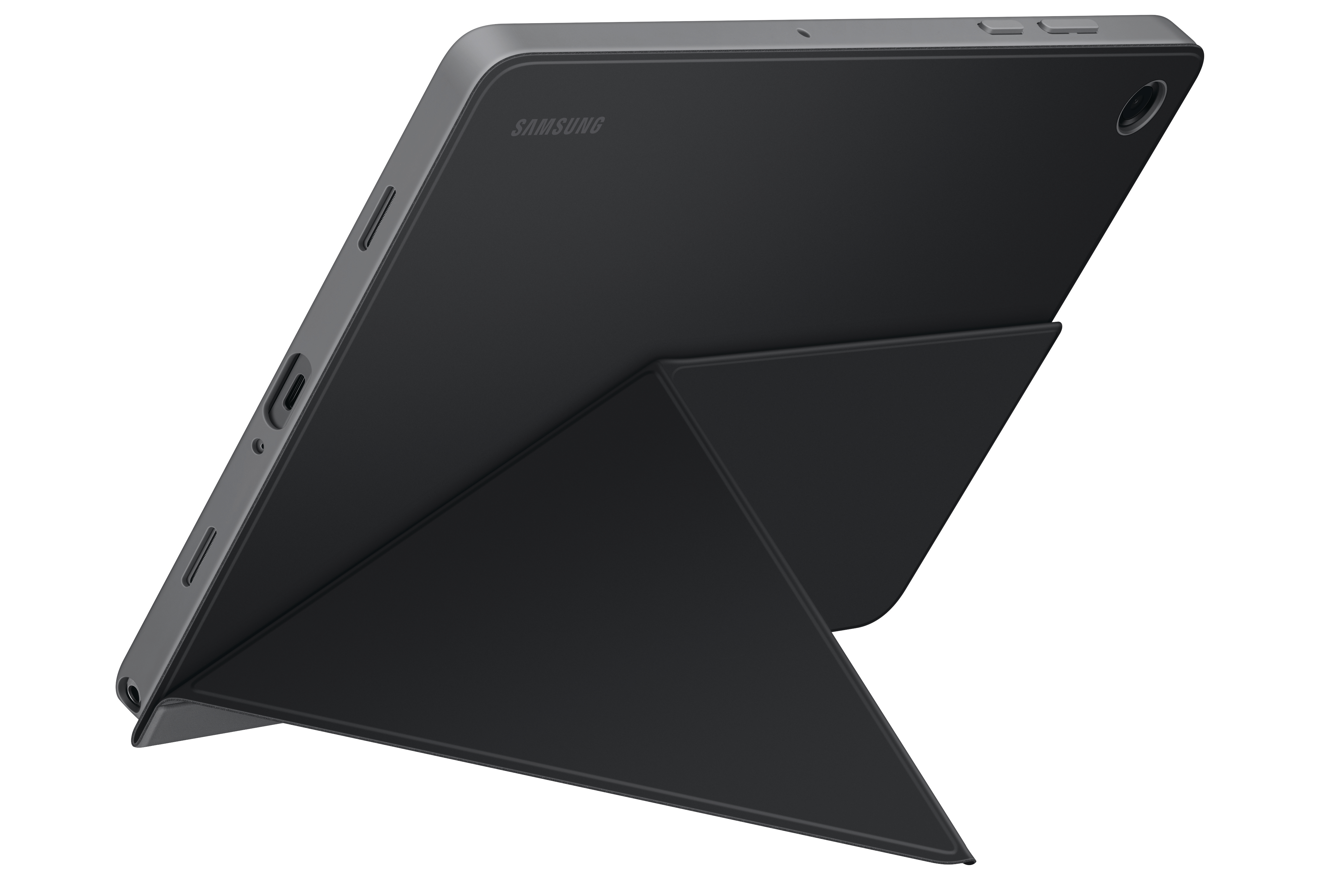 Ein schwarzes Samsung-Tablet in einer Hülle. Die Hülle bildet einen Ständer. Das Tablet hat das Samsung-Logo.
