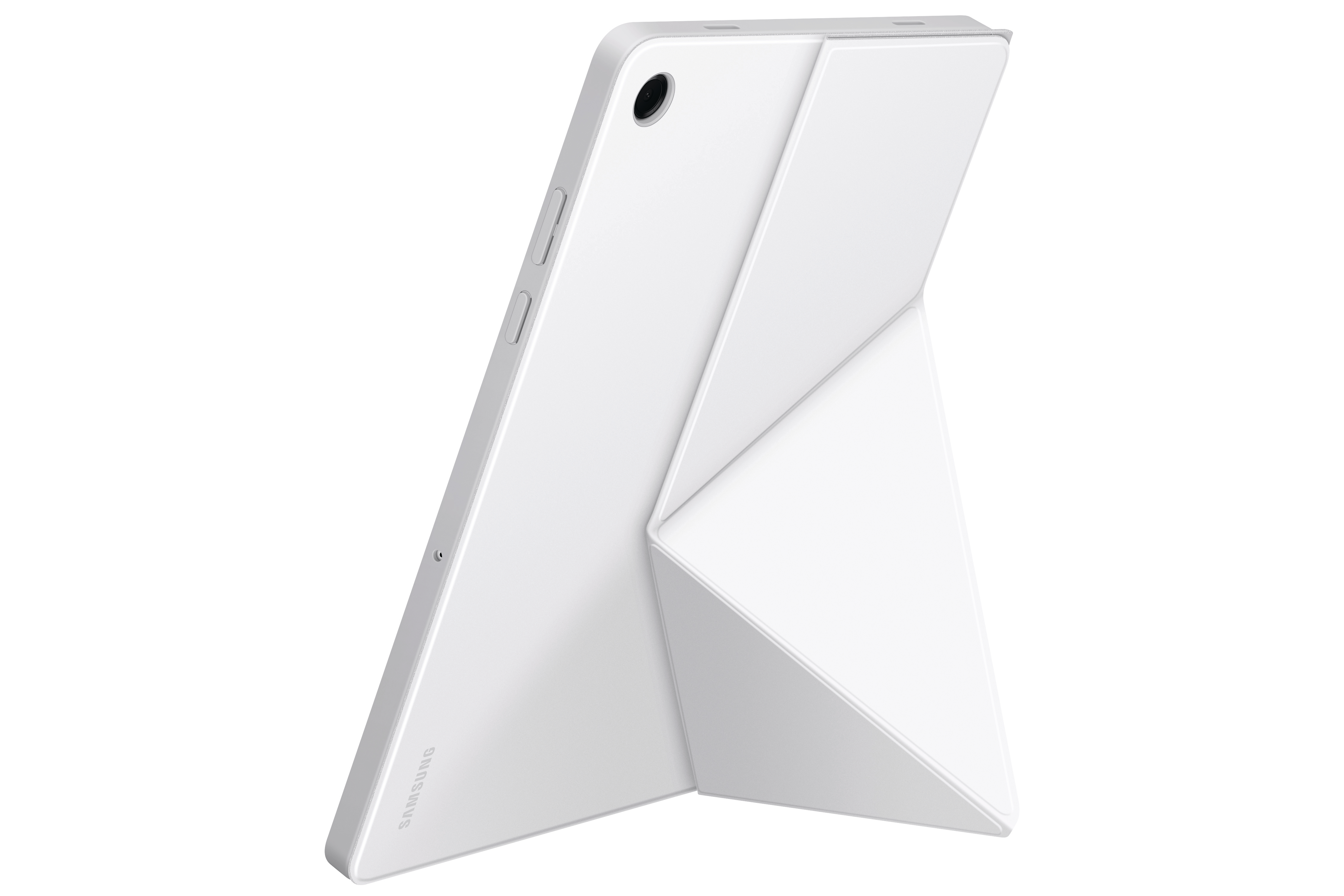 Weißes Samsung-Tablet mit weißer Hülle, zusammengeklappt, um das Tablet aufzustellen.