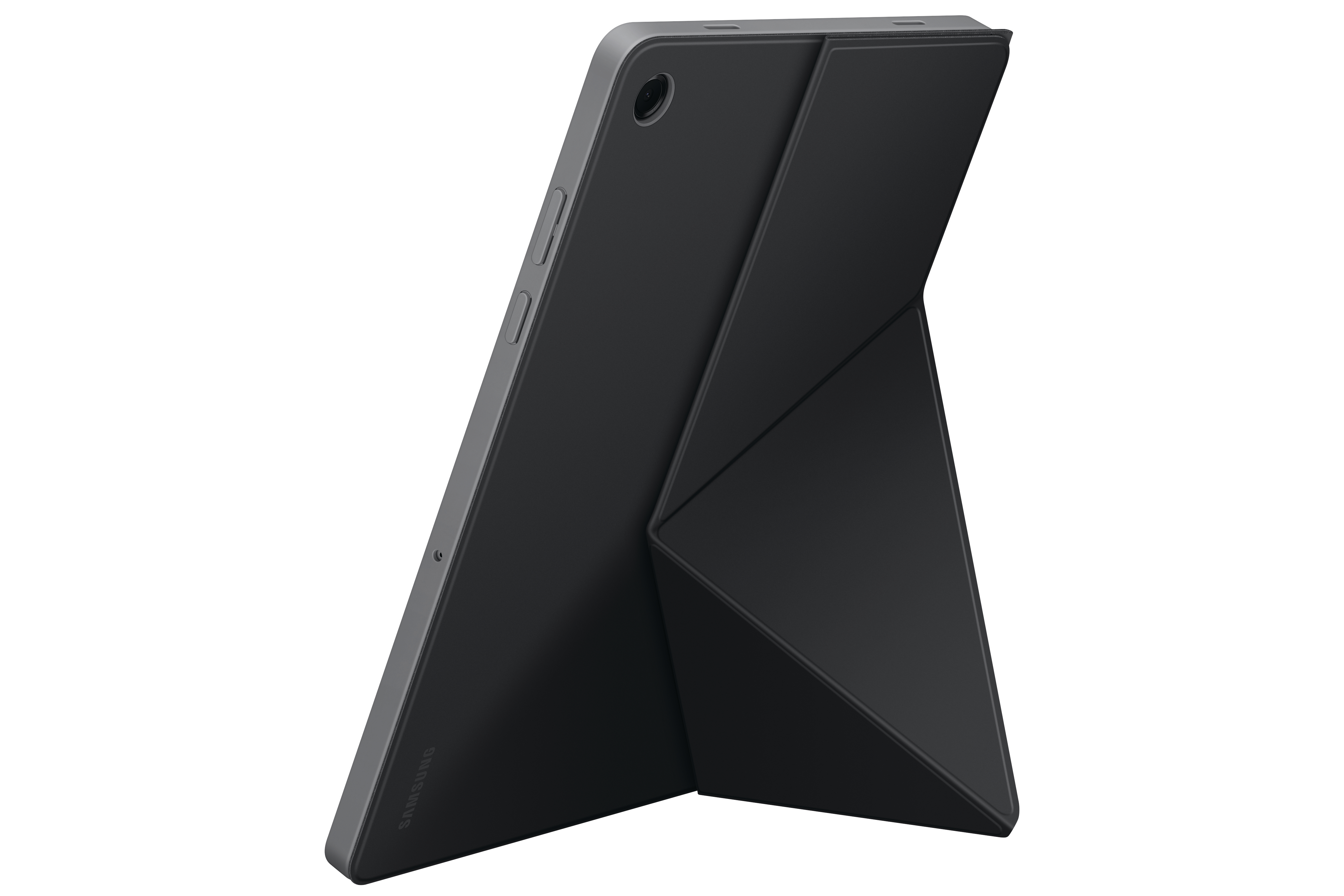 Ein schwarzes Tablet mit faltbarem Cover ist aufgestellt. Das Tablet hat einen grauen Rahmen und das Samsung-Logo.