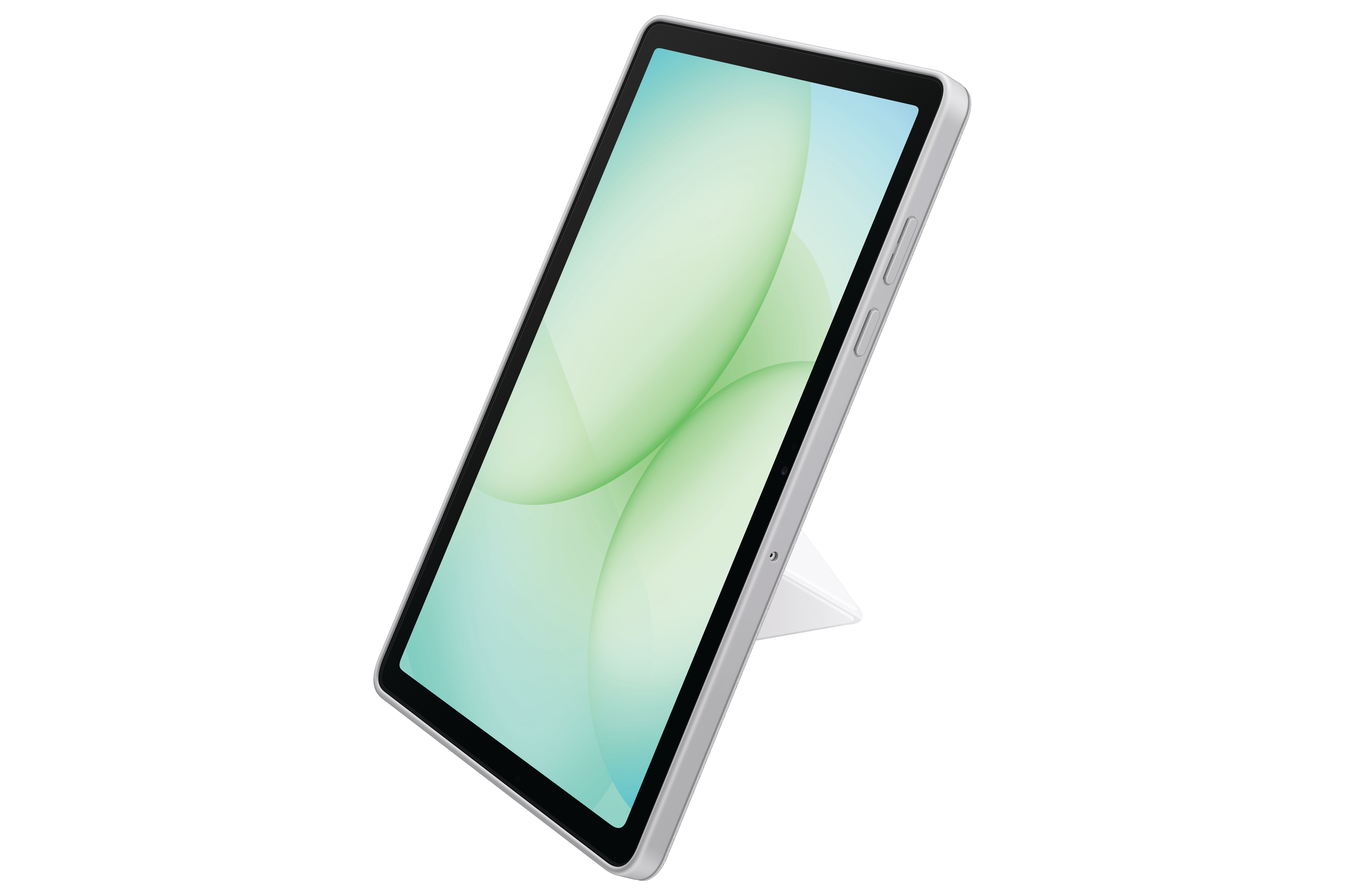 Ein silbernes Tablet mit grün-blauem Bildschirm steht auf einem weißen Ständer vor weißem Hintergrund.