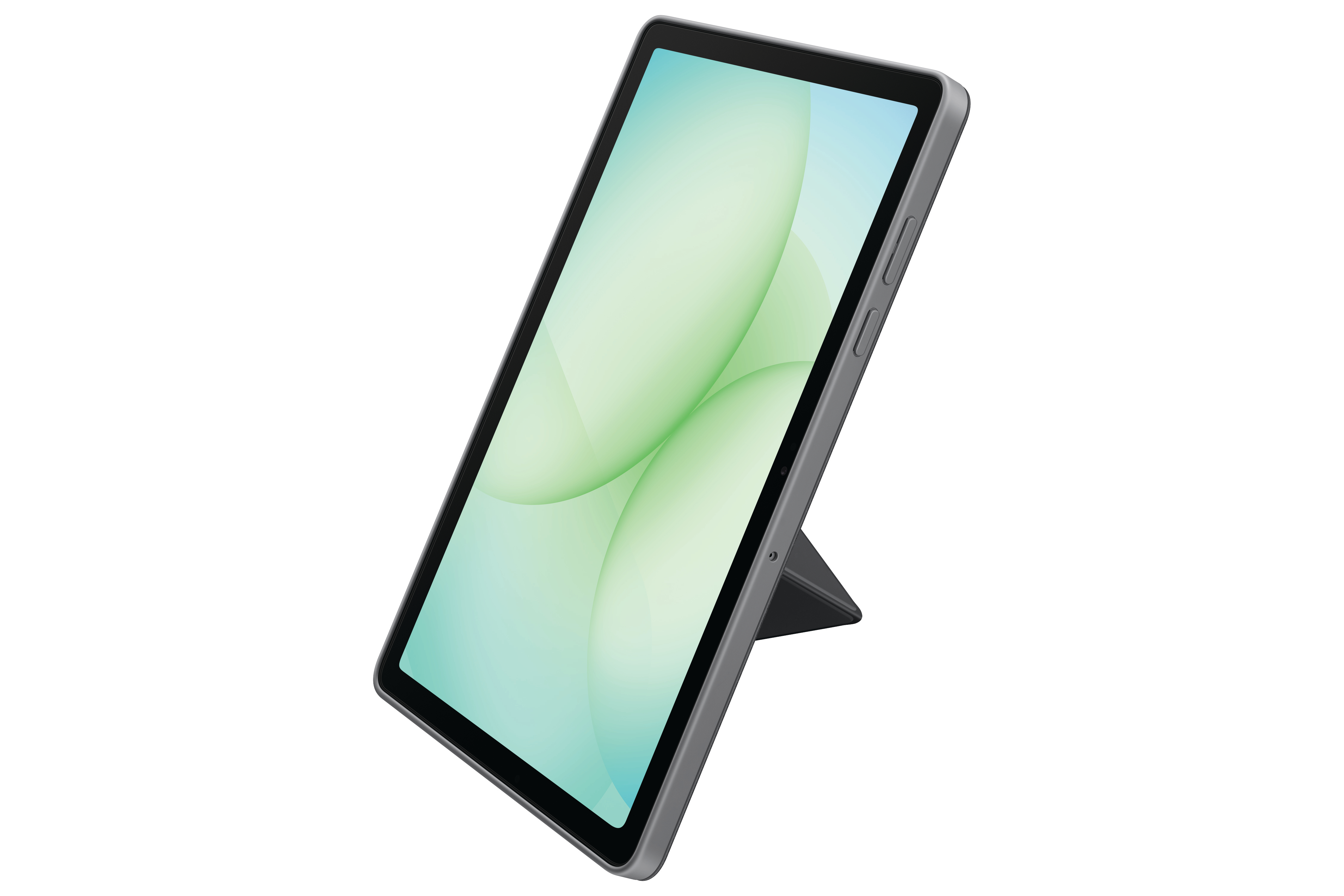 Tablet auf Ständer, abgewinkelt. Bildschirm zeigt grünen und blauen Farbverlauf. Grauer Rahmen. Weißer Hintergrund.