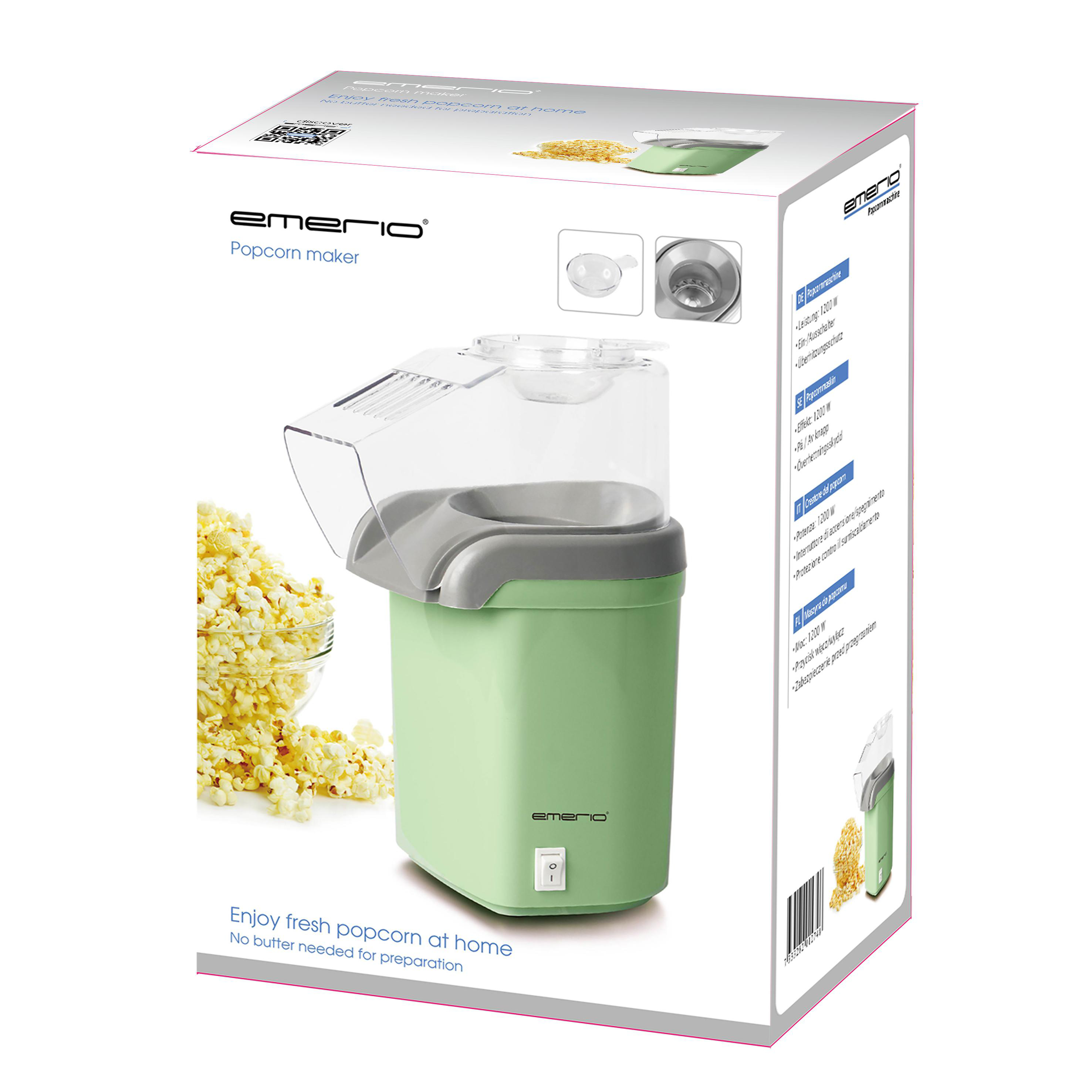 Ein Popcorn-Maker wird gezeigt, mit einer Box, die das Produkt zeigt. Popcorn ist in einer Schüssel.