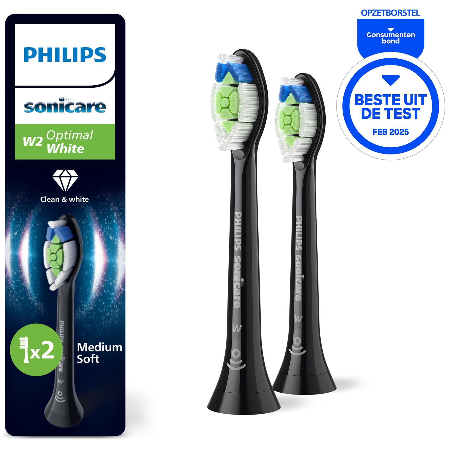 Two black Philips Sonicare toothbrush heads. The package on the left and the award seal on the right.