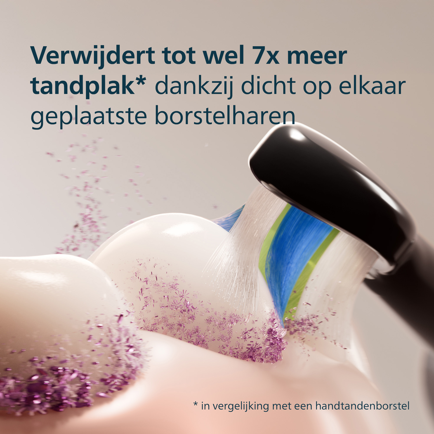 Close-up of a toothbrush cleaning teeth. Pink particles are being removed. Text says 'Removes up to 7x more plaque'.