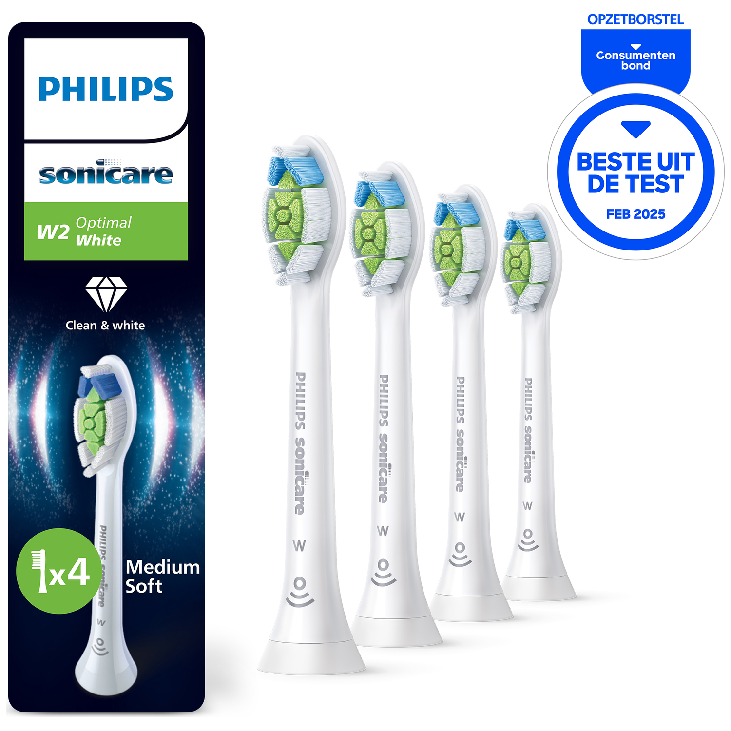 Four Philips Sonicare toothbrush heads. White with blue and green bristles. Box shows branding and 'Best in test' label.