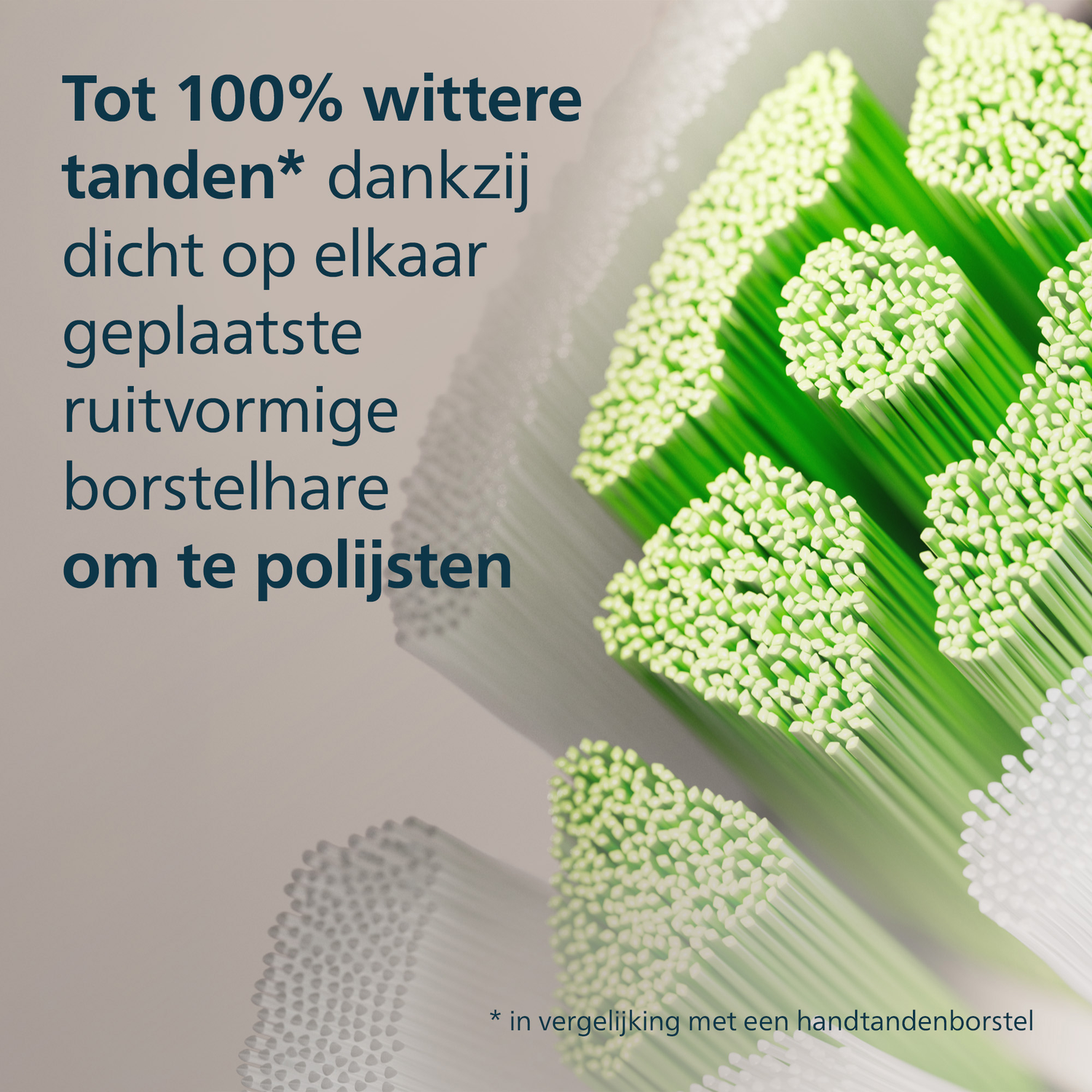 Close-up of a green toothbrush head. White bristles are tightly packed. Text promotes 100% whiter teeth with polishing action.