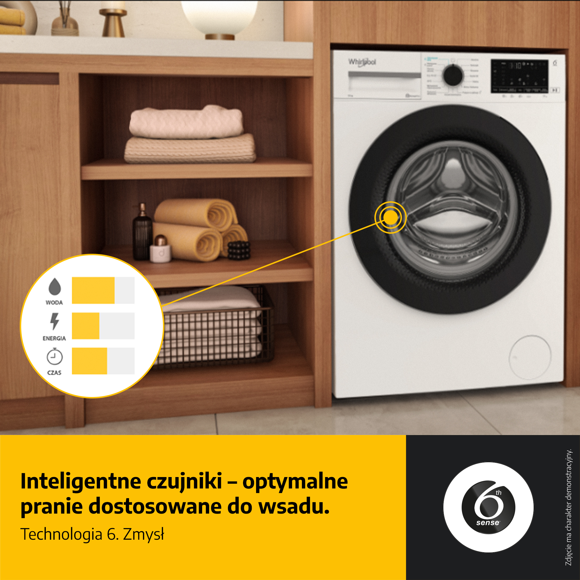 Pralka obok drewnianej szafki z ręcznikami. Diagram pokazuje zużycie wody, energii i czasu.