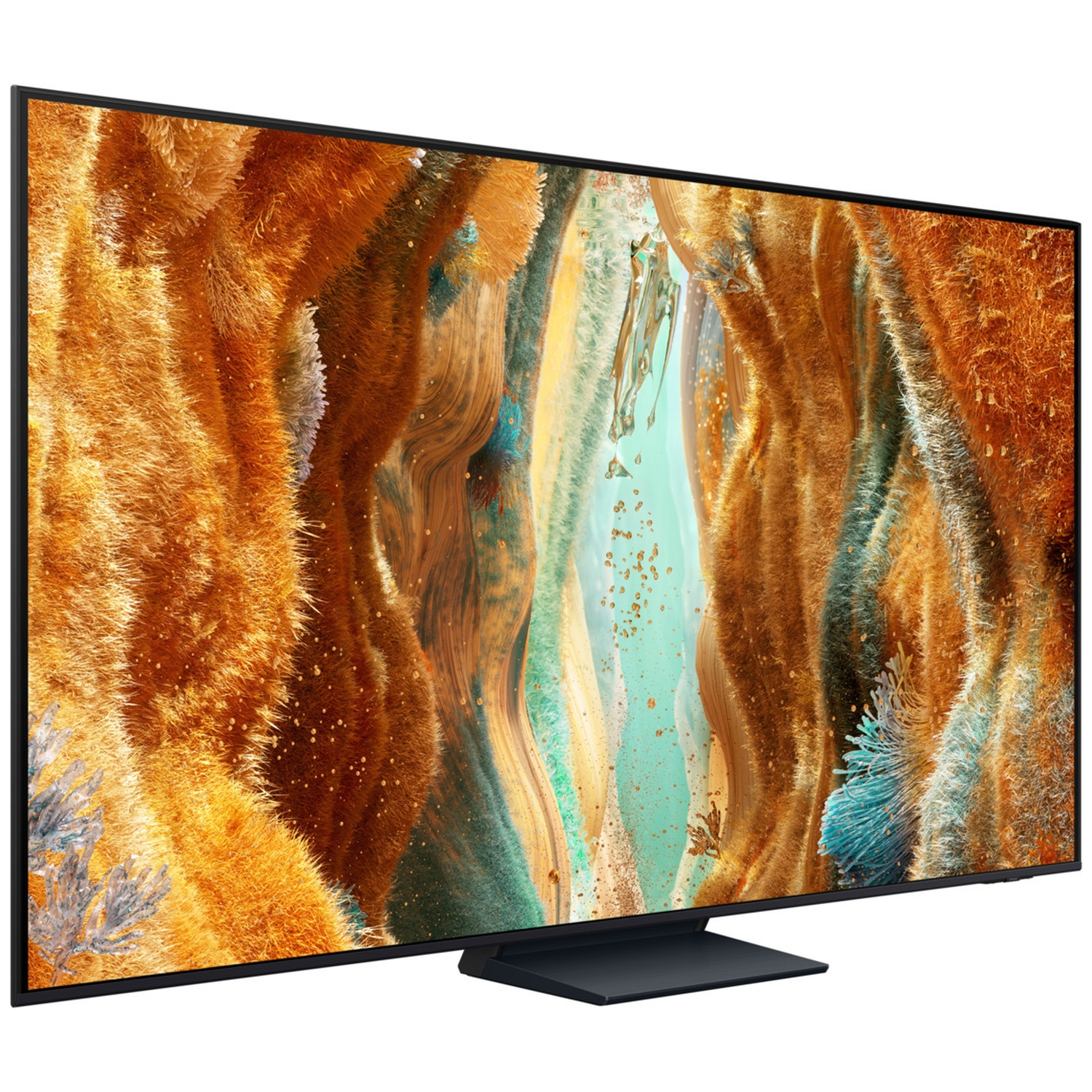 Een grote tv toont een abstracte afbeelding met oranje, bruine en blauwe kleuren, die lijkt op een natuurlijk landschap. De tv heeft een zwart frame.