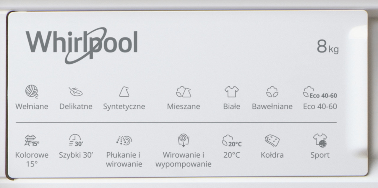Biały panel pralki Whirlpool z ikonami programów i ustawieniami dla różnych tkanin i temperatur.