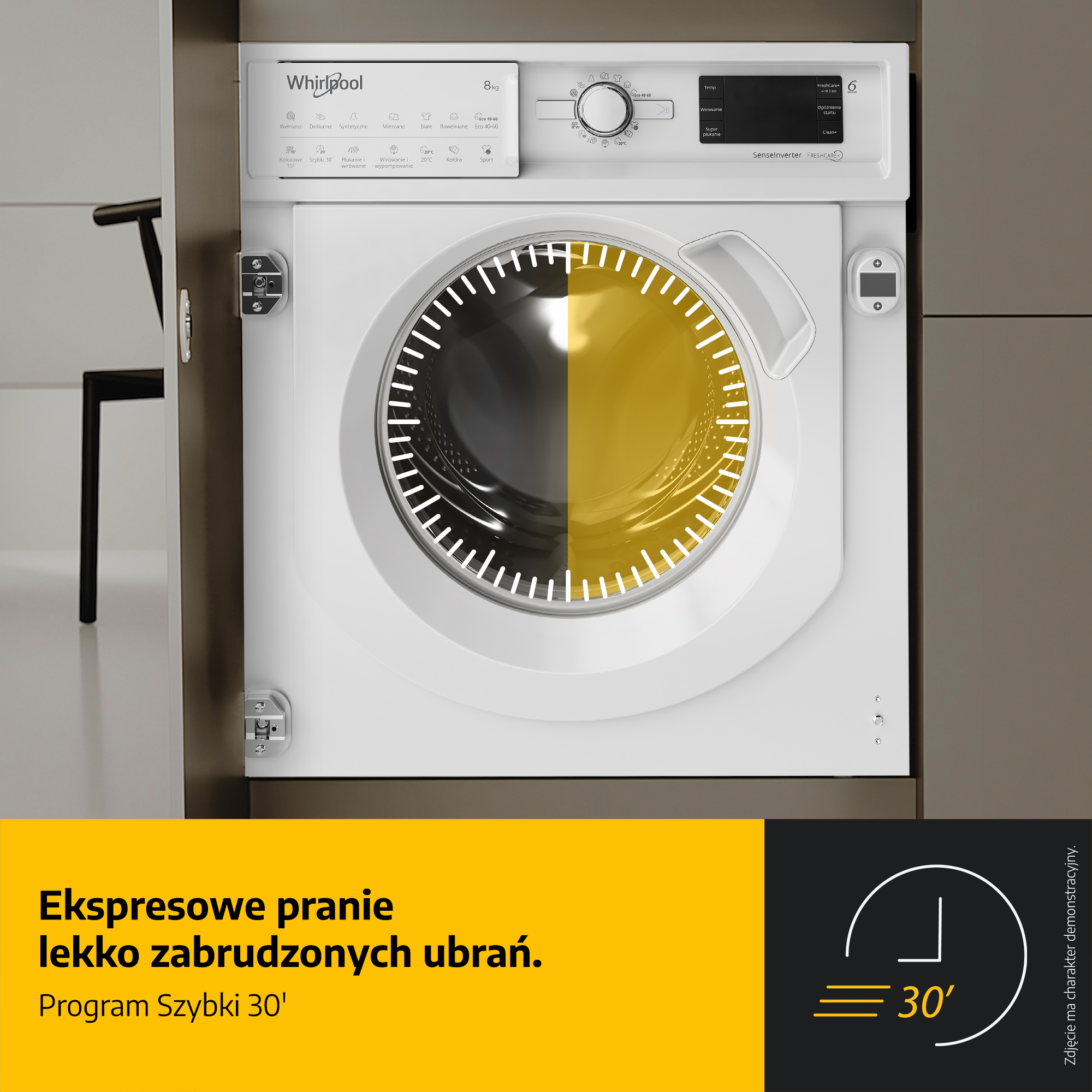 Biała pralka Whirlpool z czarno-żółtym wnętrzem. Tekst mówi 'Szybkie 30'.