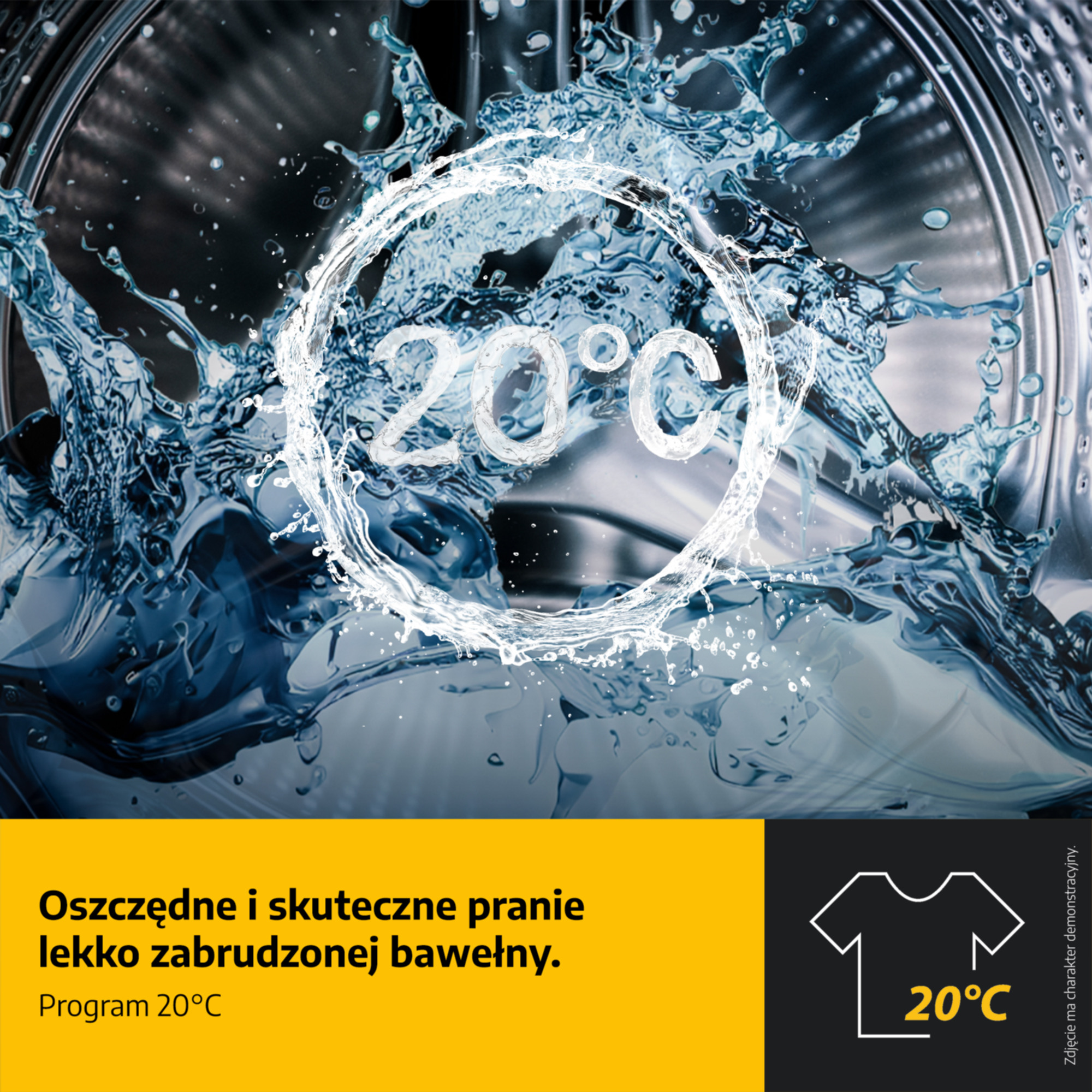 Obraz przedstawia pralkę z rozpryskującą się wodą. Tekst brzmi 20°C. Widoczny jest żółto-czarny panel z tekstem i ikoną.