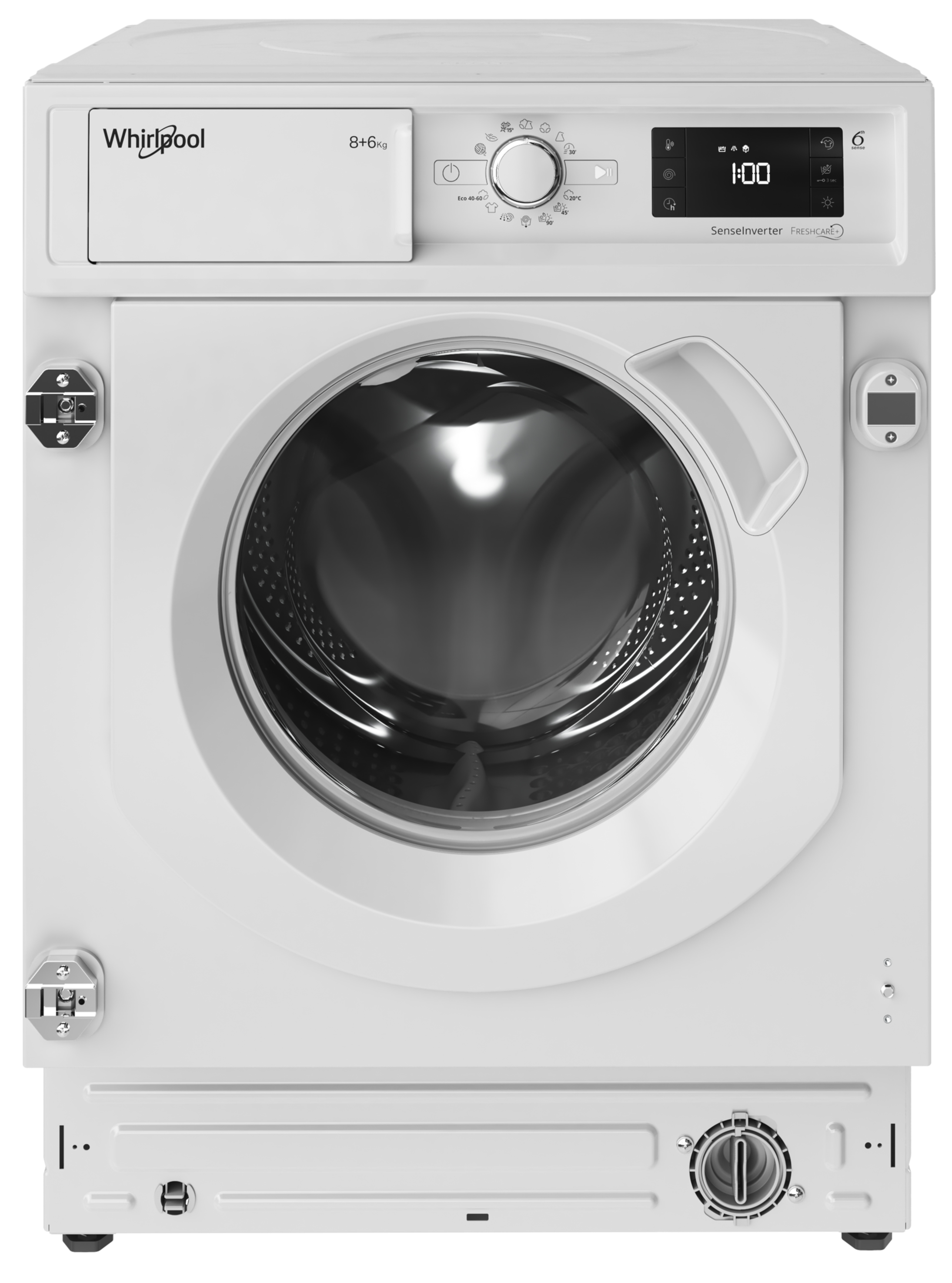 Biała pralka Whirlpool. Posiada okrągłe drzwi, panel sterowania i wyświetlacz cyfrowy.