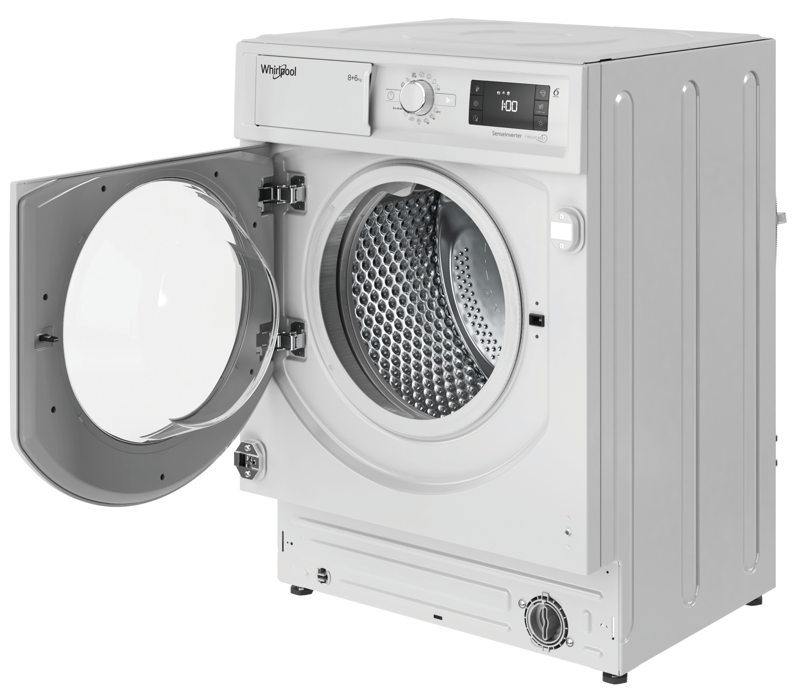 Biała pralka Whirlpool z otwartymi drzwiami. Widoczny jest bęben wewnętrzny. Z przodu znajdują się przyciski sterujące.