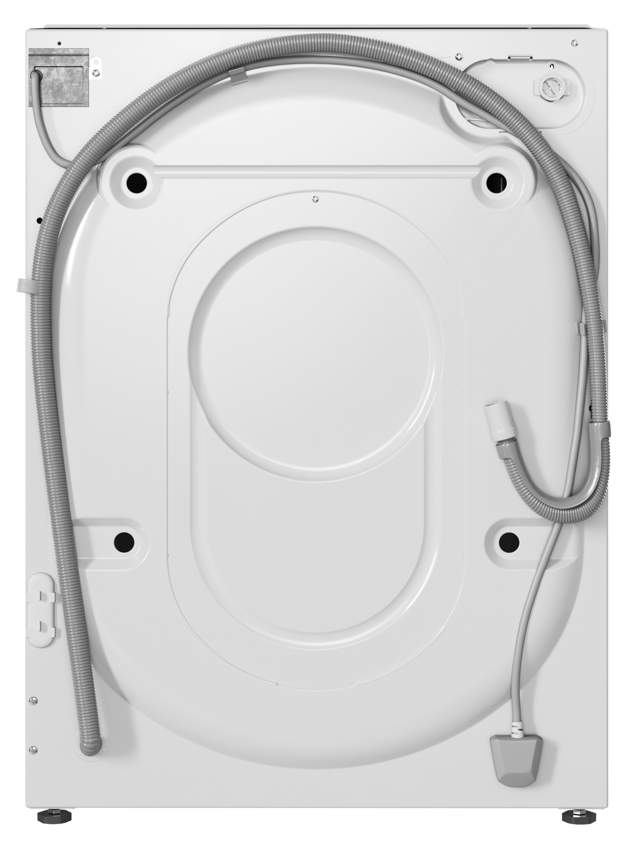 Tył białej pralki z szarym wężem i elementami elektrycznymi.
