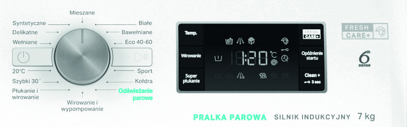Panel sterowania pralki z pokrętłem, wyświetlaczem cyfrowym 18:20 i różnymi opcjami programu.