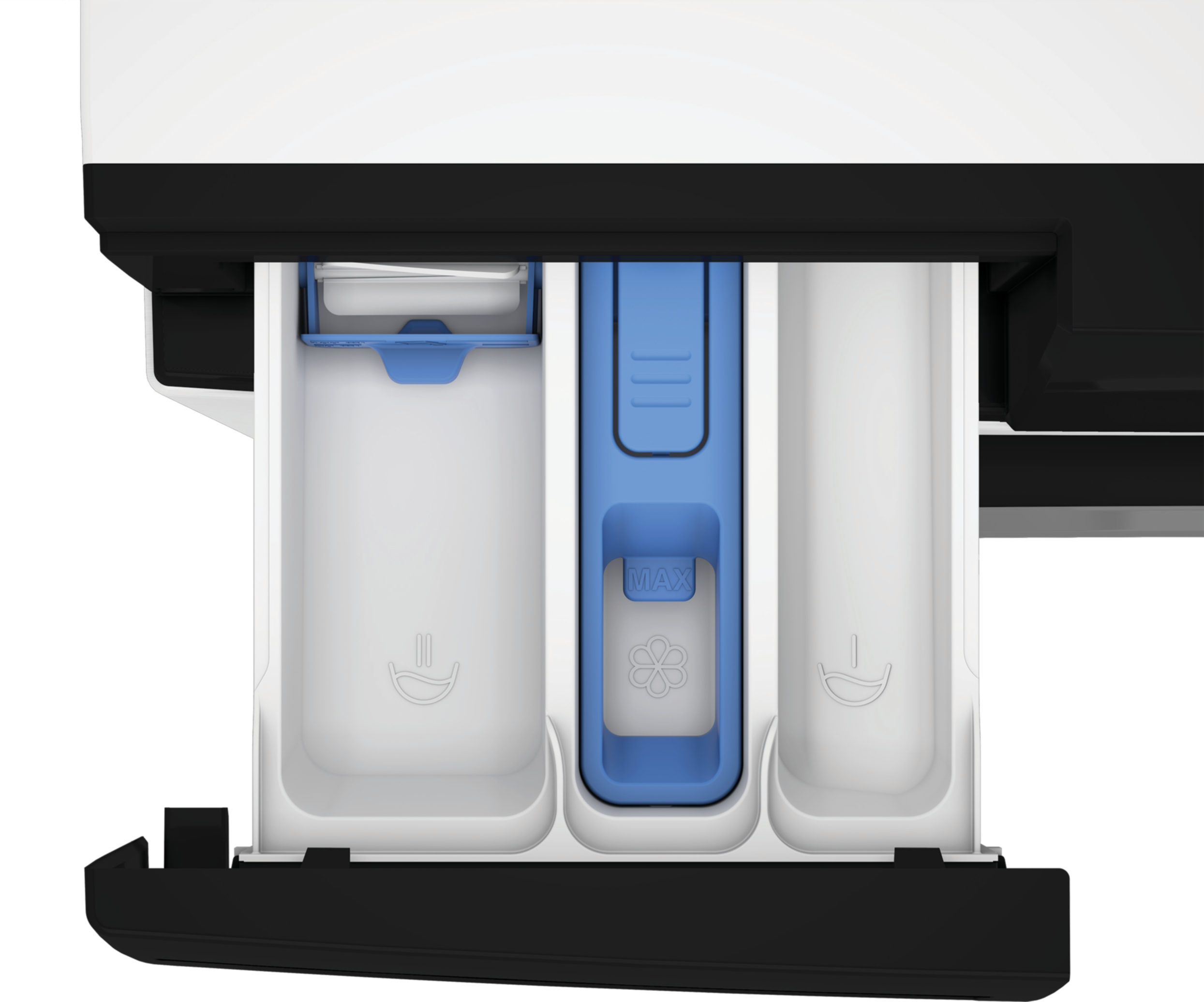 Zbliżenie szuflady na detergent w pralce. Ma trzy przegródki: jedną z niebieskim separatorem i dwie białe.