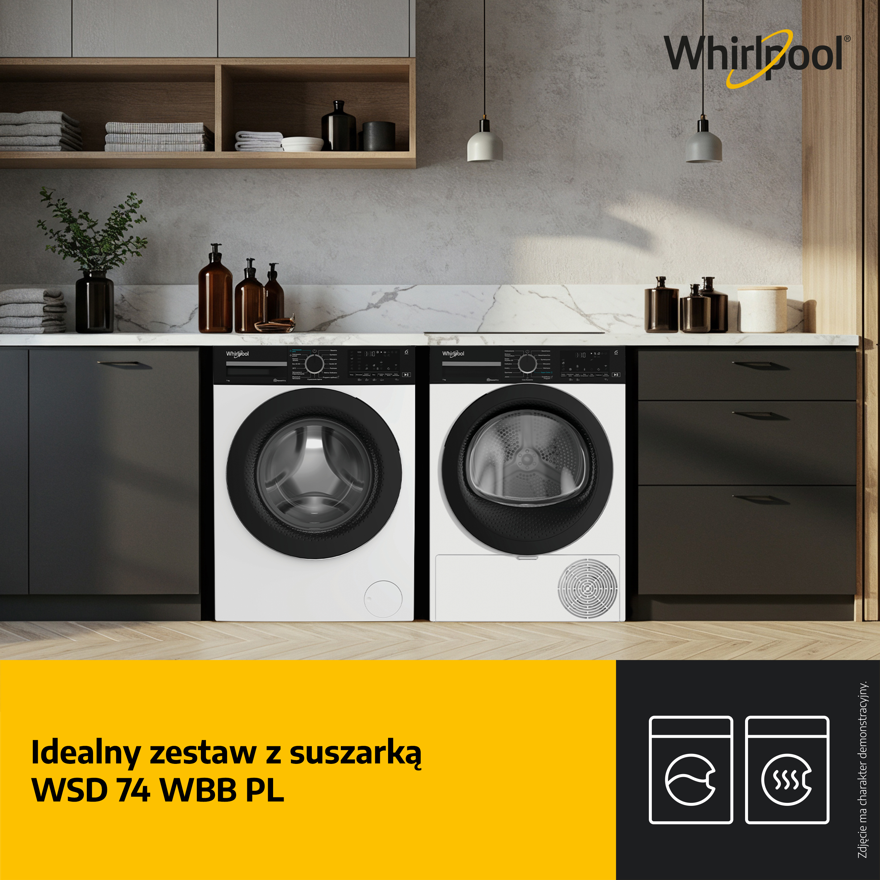 Biały zestaw pralka i suszarka marki Whirlpool we współczesnej kuchni, z drewnianymi szafkami i blatami.