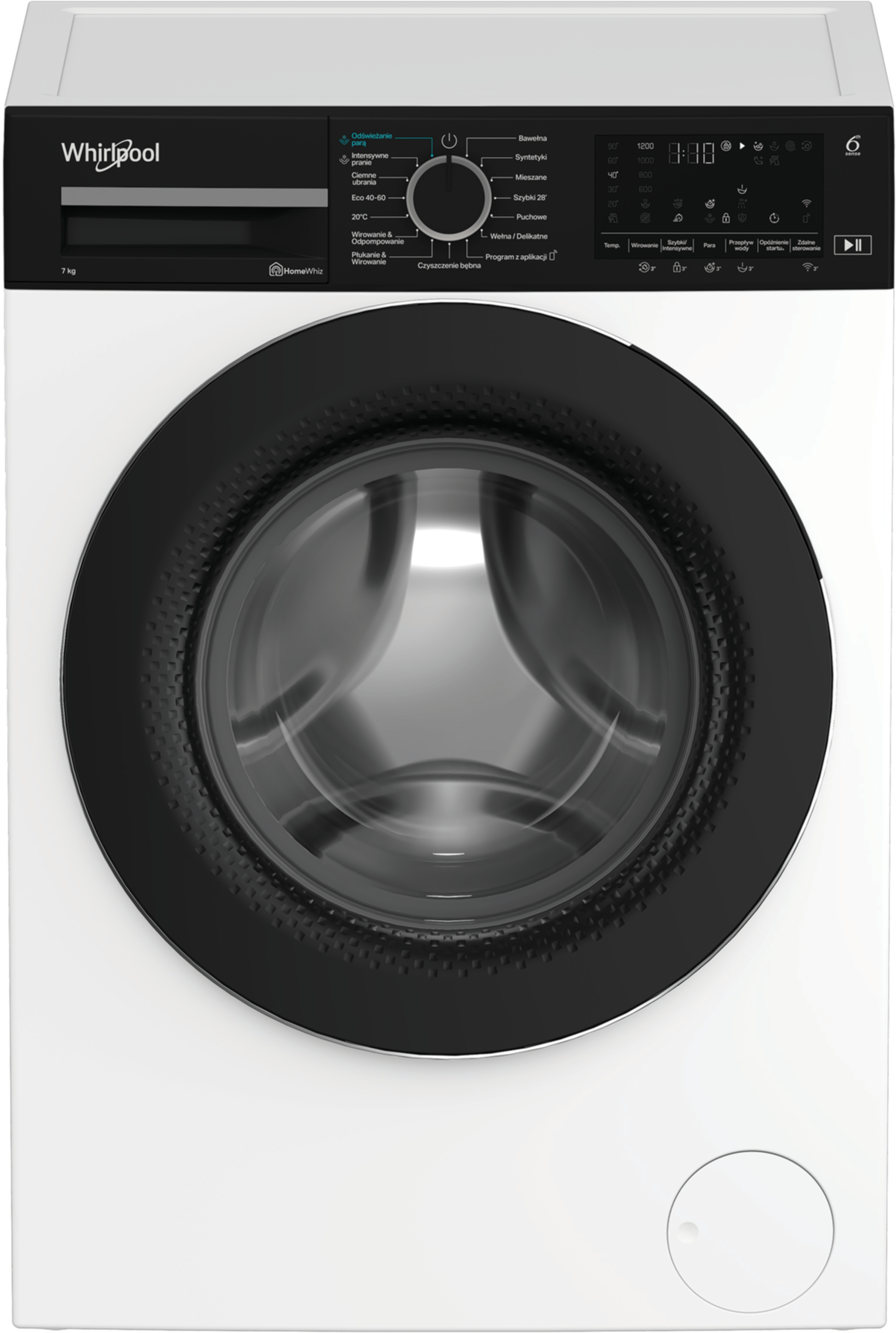 Biała pralka Whirlpool. Ma czarne drzwi i panel sterowania z różnymi ustawieniami i wyświetlaczem cyfrowym.