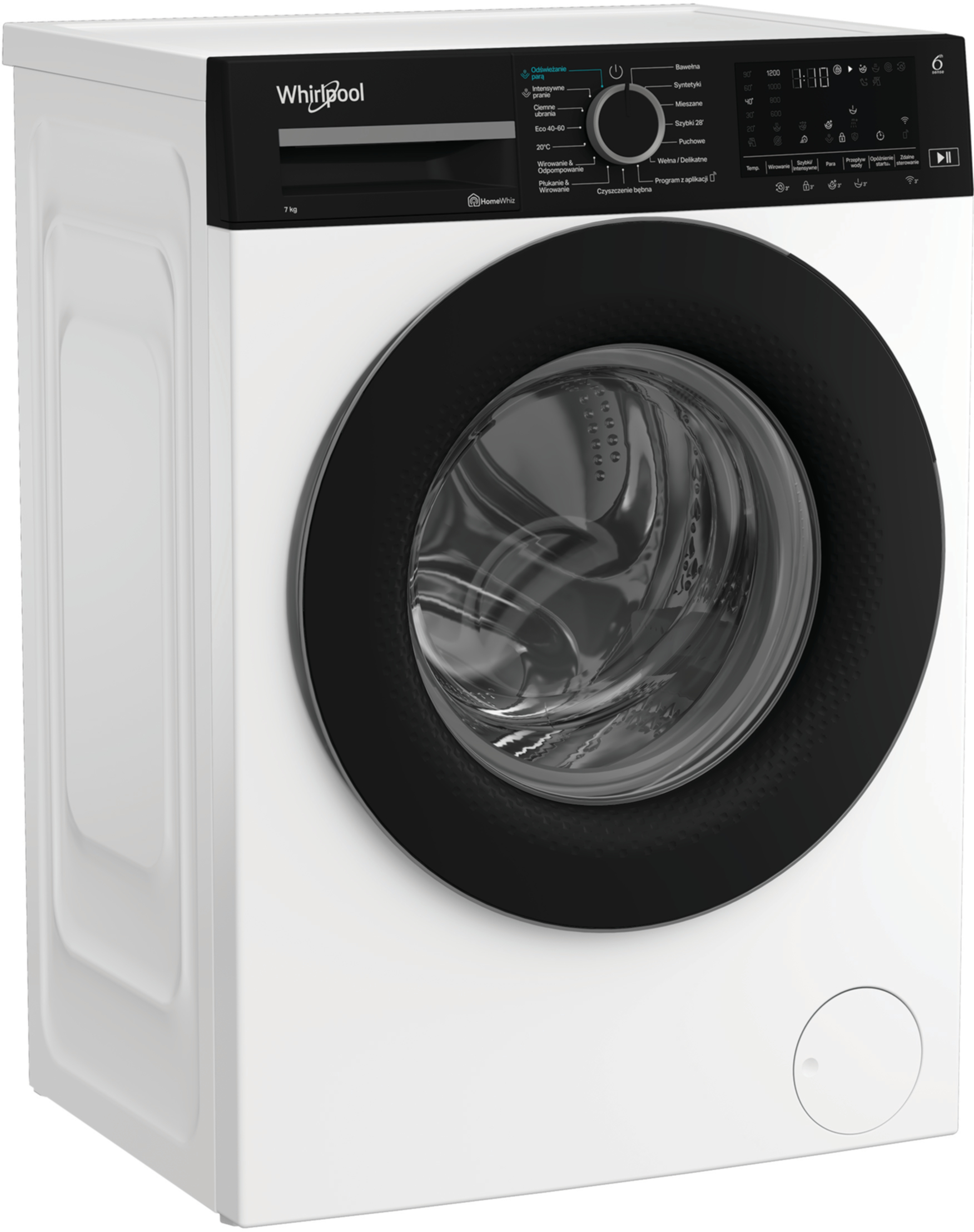 Biała pralka Whirlpool z czarnymi drzwiami. Ma panel sterowania i wyświetlacz cyfrowy.