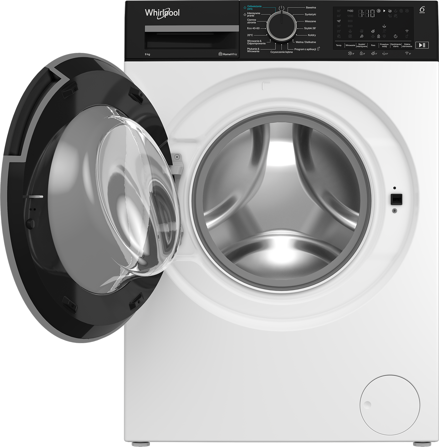 Biała pralka Whirlpool z otwartymi drzwiami. Bęben ze stali nierdzewnej. Elementy sterujące u góry po prawej.