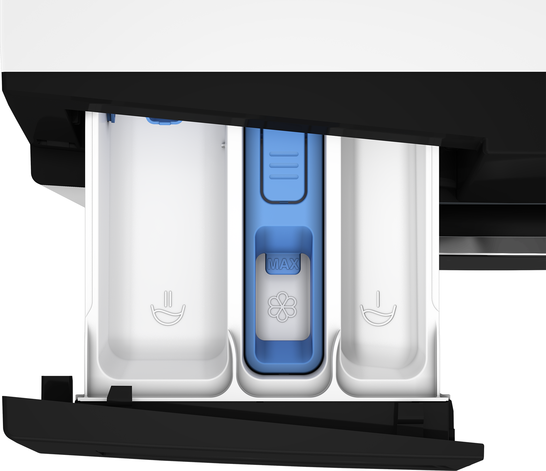 Zbliżenie szuflady na detergent w pralce. Białe przegródki z niebieską częścią środkową. Widoczne słowo MAX.