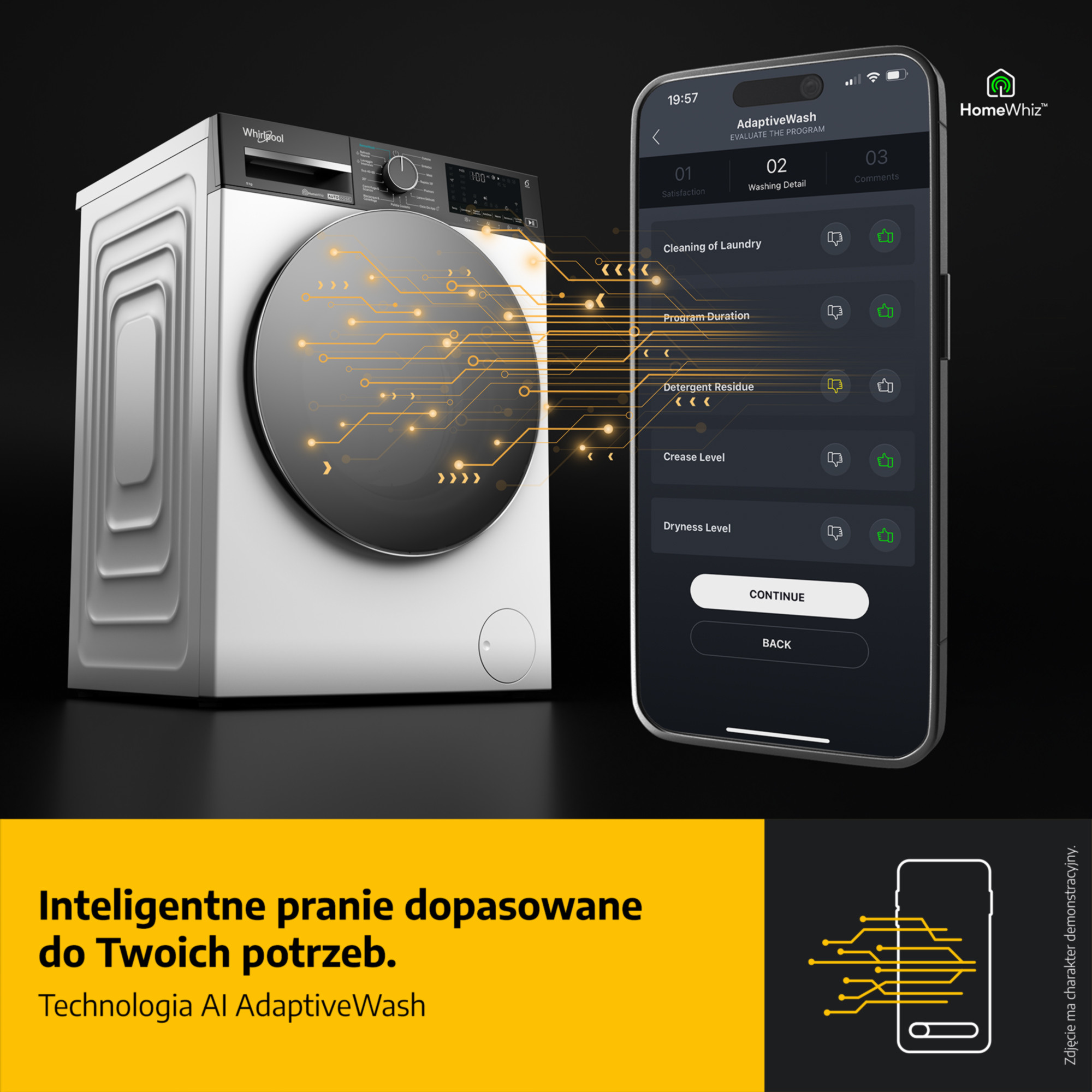 Biała pralka Whirlpool i smartfon wyświetlający ustawienia prania połączone za pomocą schematu obwodu.