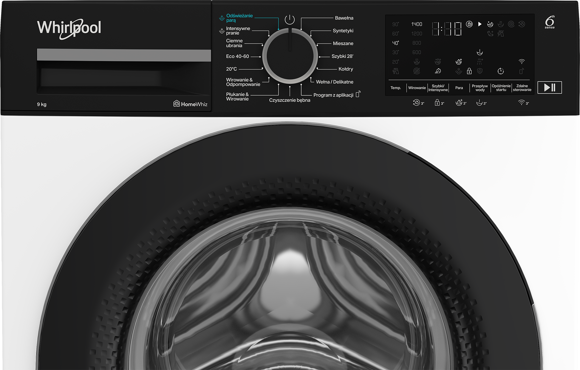 Czarna pralka Whirlpool. Posiada panel sterowania z opcjami programu i wyświetlacz cyfrowy z godziną.