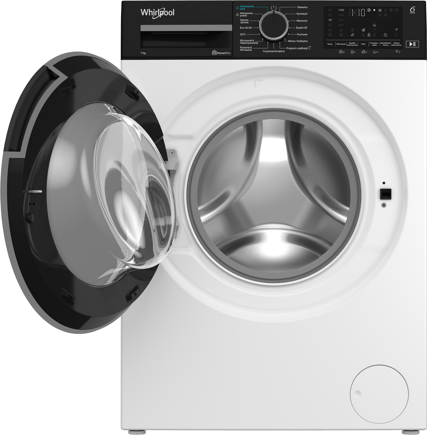 Biała pralka z otwartymi drzwiami. Elementy sterujące i wyświetlacz na górze. Marka Whirlpool.