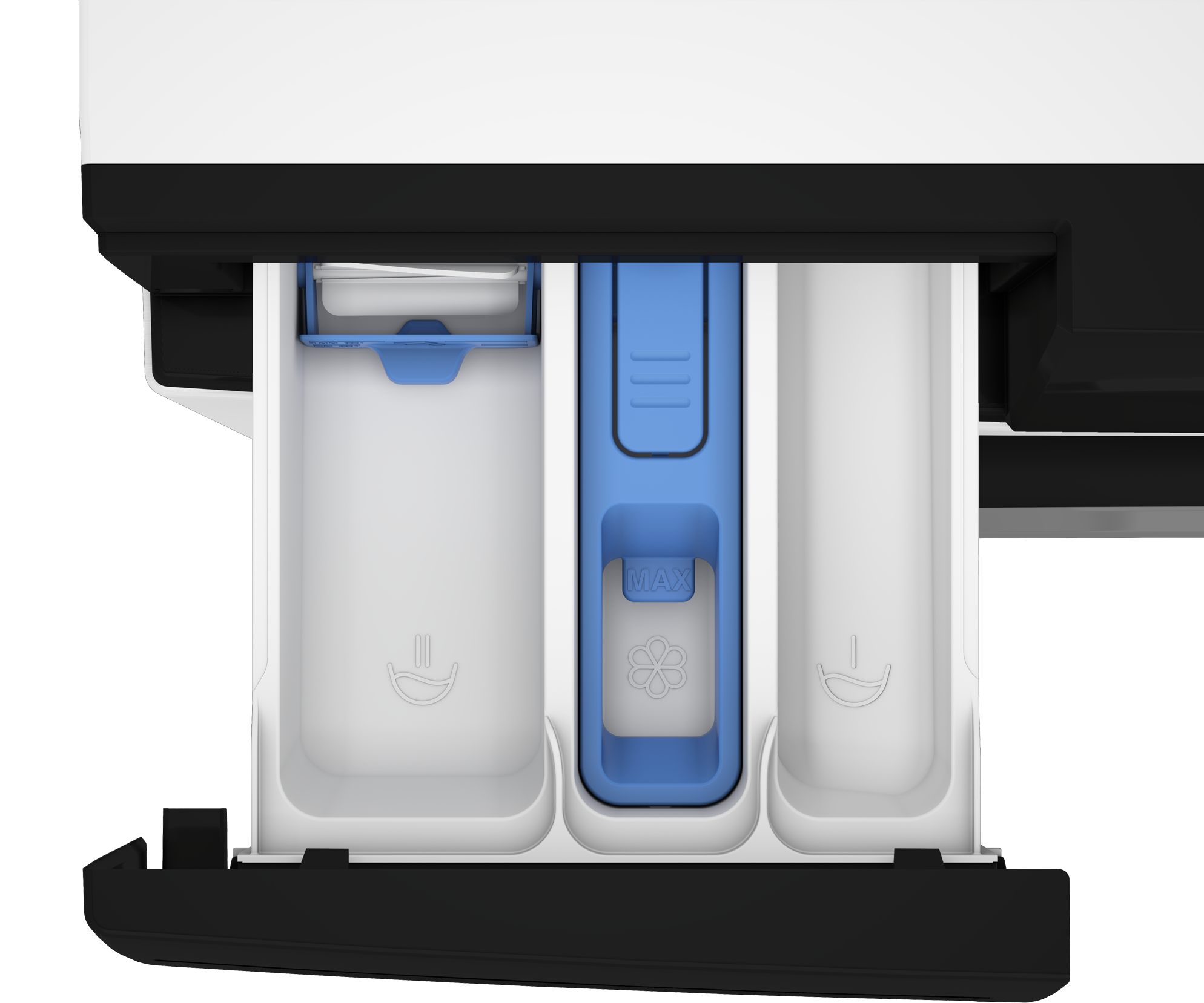 Zbliżenie szuflady na detergent w pralce. Ma trzy przegródki: jedną niebieską i dwie białe. Czarne wykończenie.