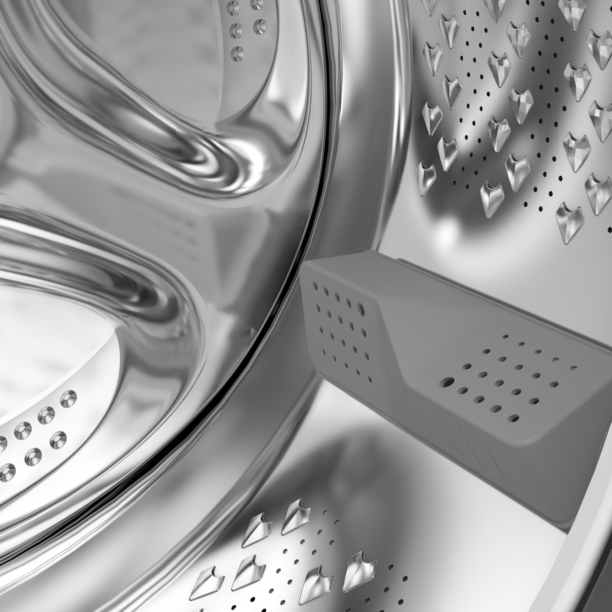 Wewnątrz bębna pralki widoczne są metaliczne powierzchnie, szare plastikowe elementy i dekoracyjne kształty.