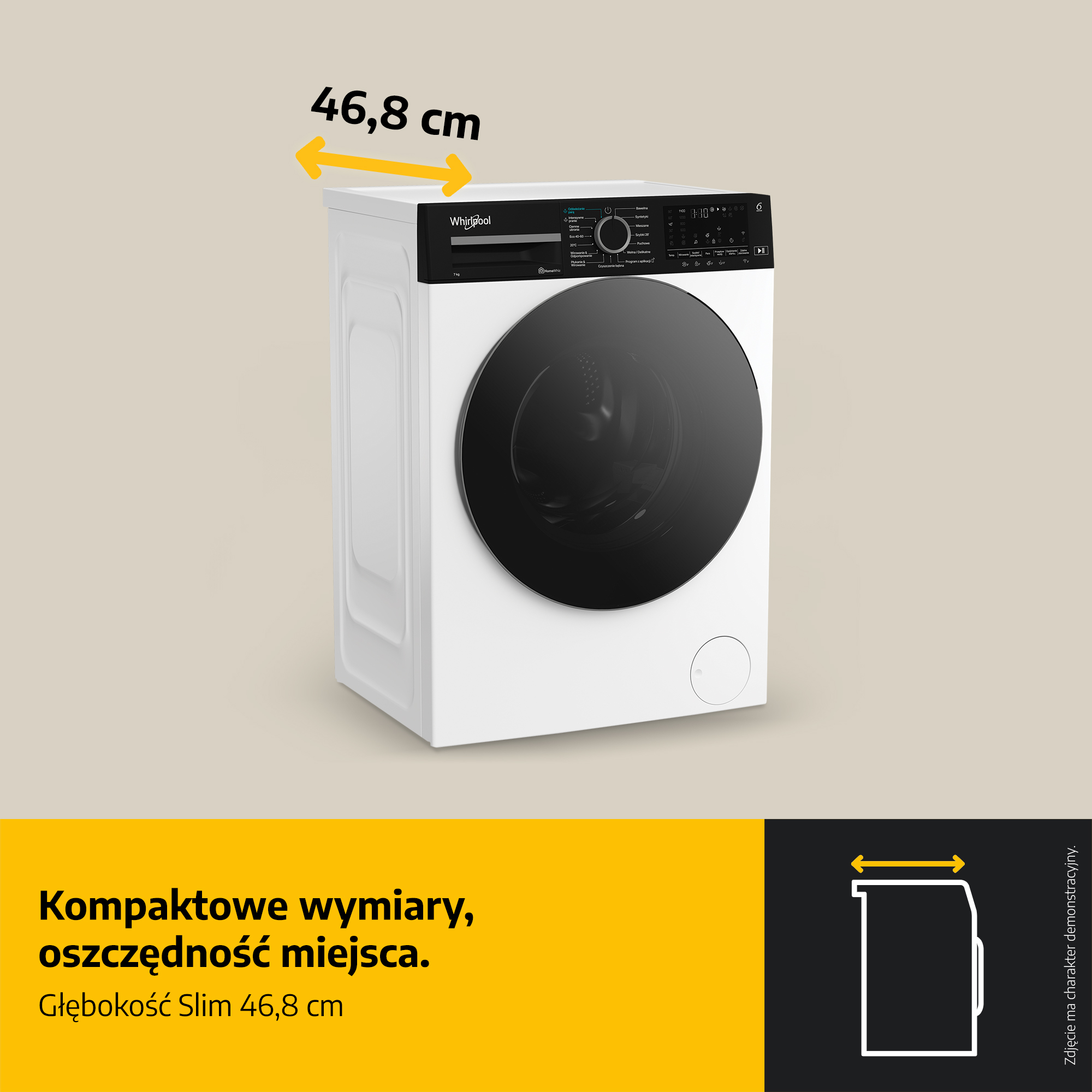 Biała pralka Whirlpool. Ma czarne drzwi i panel sterowania. Głębokość wynosi 46,8 cm.