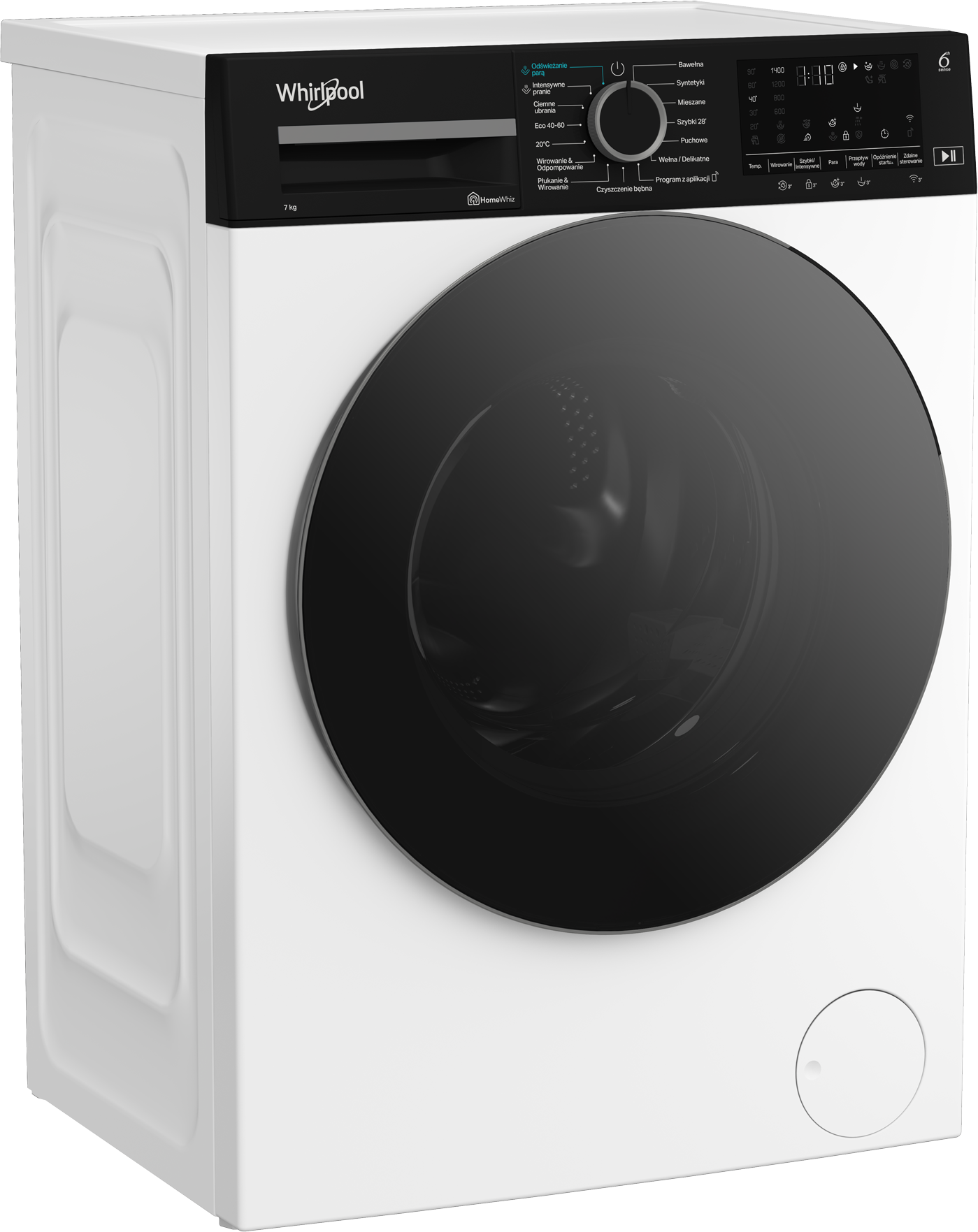 Biała pralka Whirlpool. Ma czarne drzwi i panel sterowania z przyciskami oraz wyświetlaczem cyfrowym.