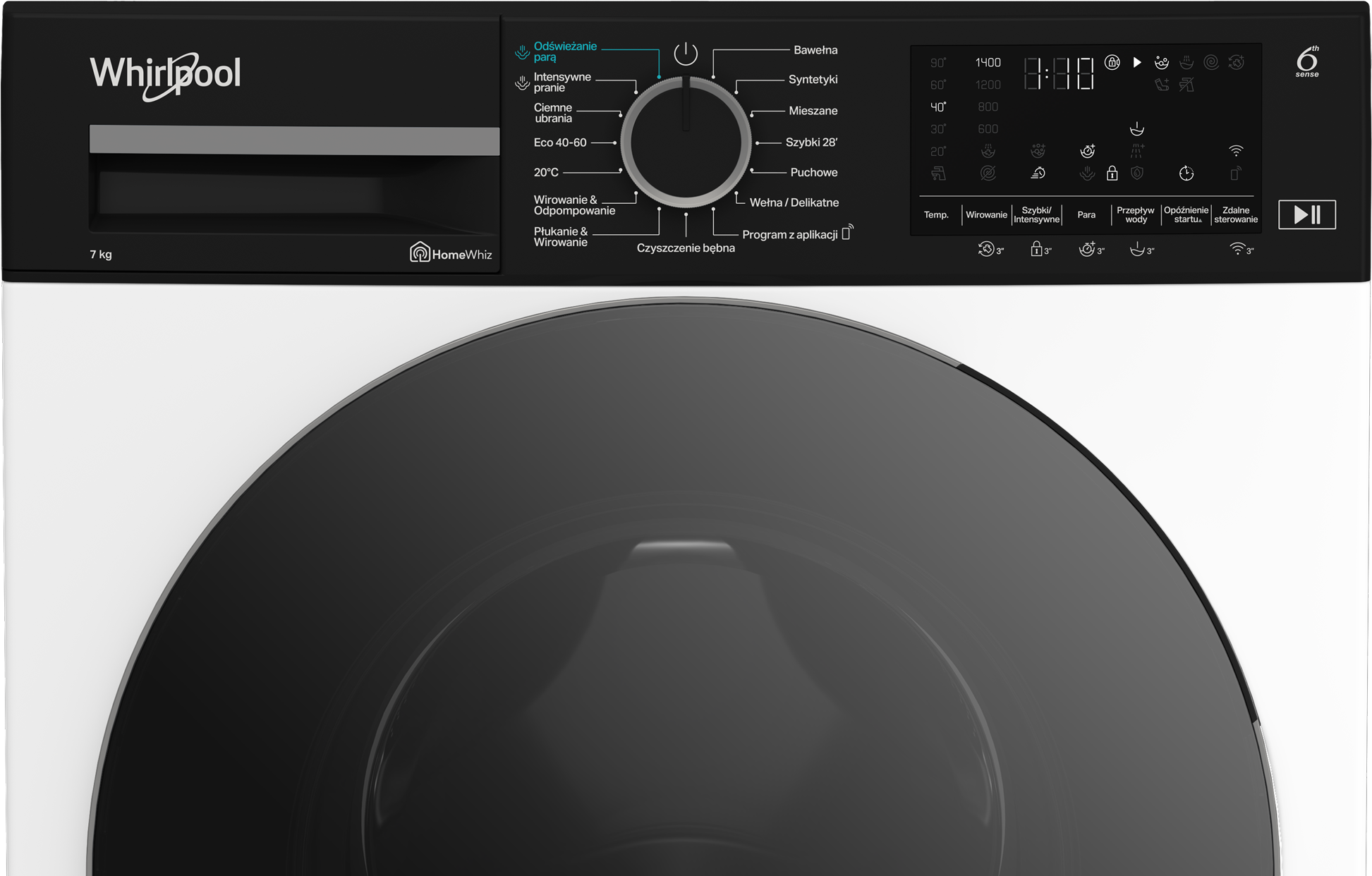 Czarny panel sterowania pralki Whirlpool z pokrętłem, wyświetlaczem i przyciskami do różnych cykli prania.