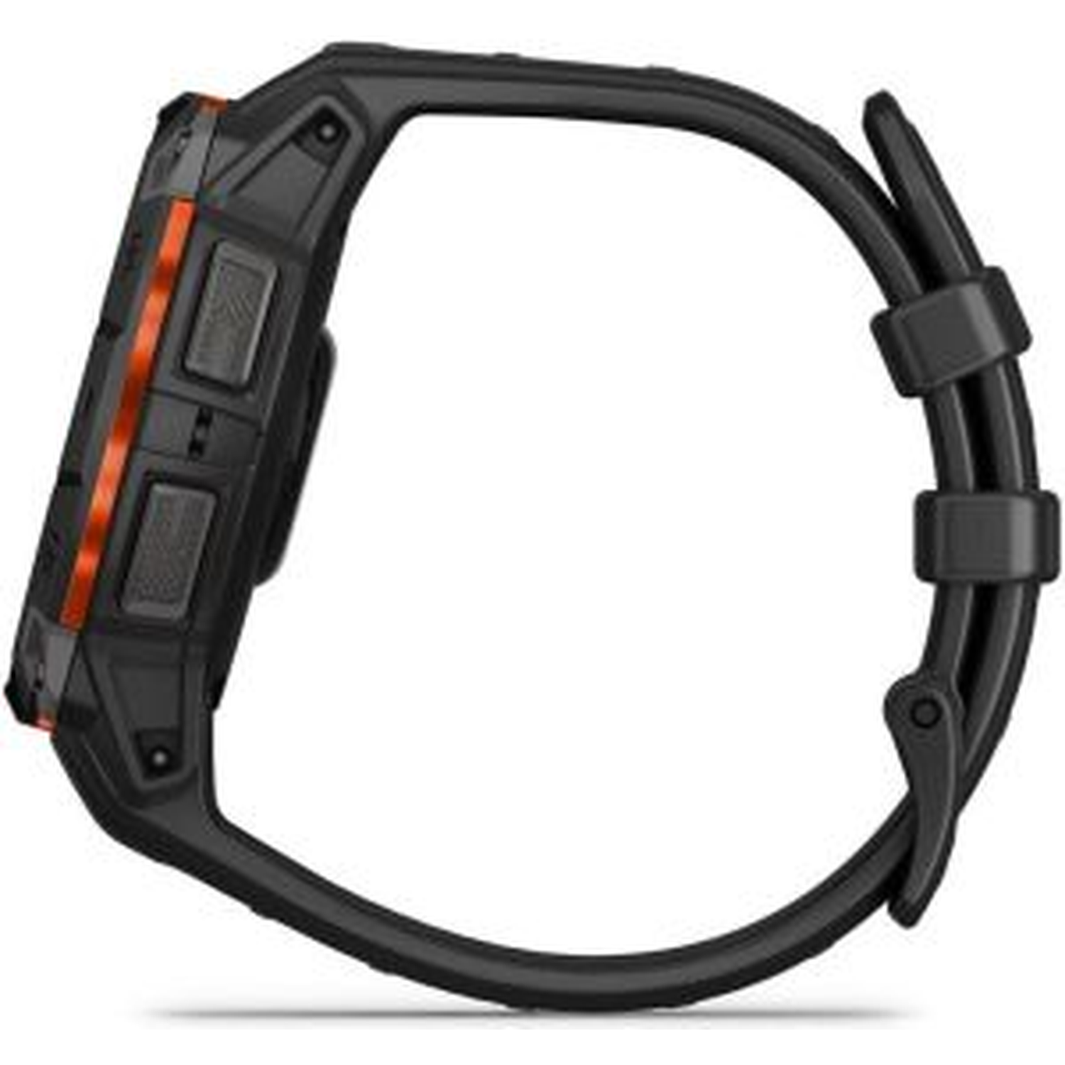 Black smartwatch with orange accents. Side view shows buttons and band. The band is black.