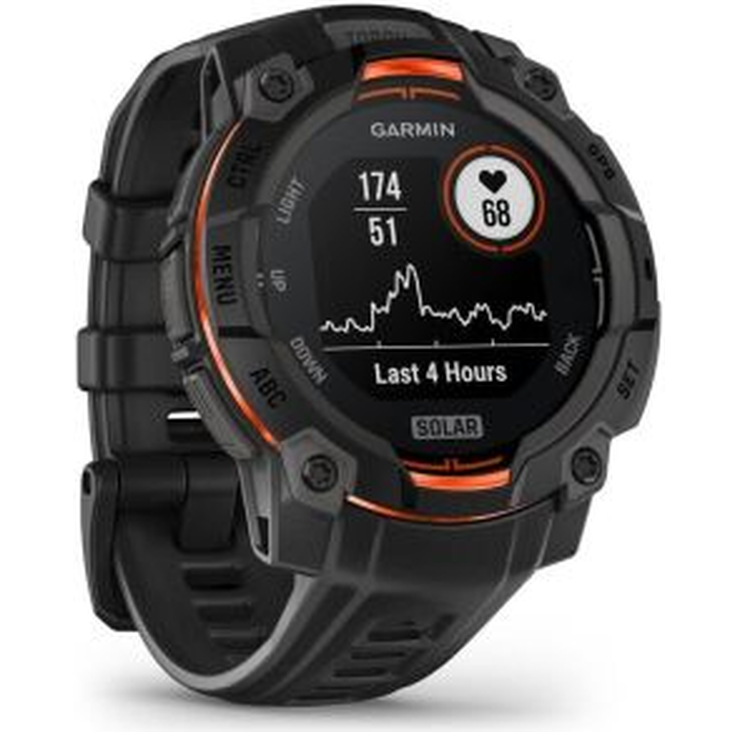 Black Garmin smartwatch with orange accents. Displays heart rate, time, and a graph. Features buttons and a black wristband.
