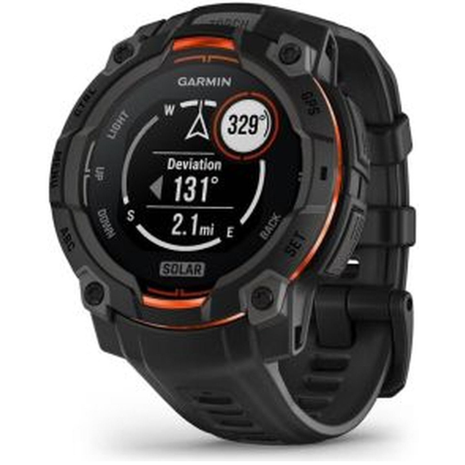 Black Garmin watch with orange accents displays data.  Shows compass, direction, and distance.  Features buttons and a solar panel.