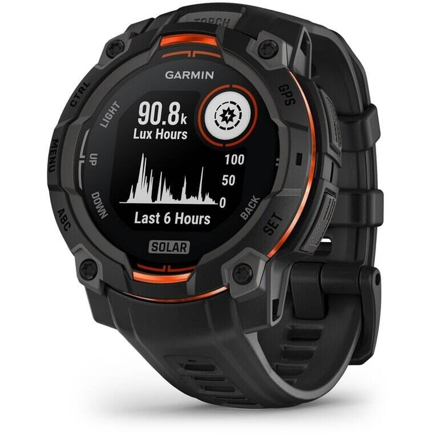 Black Garmin smartwatch with an orange accent. Displays Lux Hours and solar data. Features buttons and a black strap.