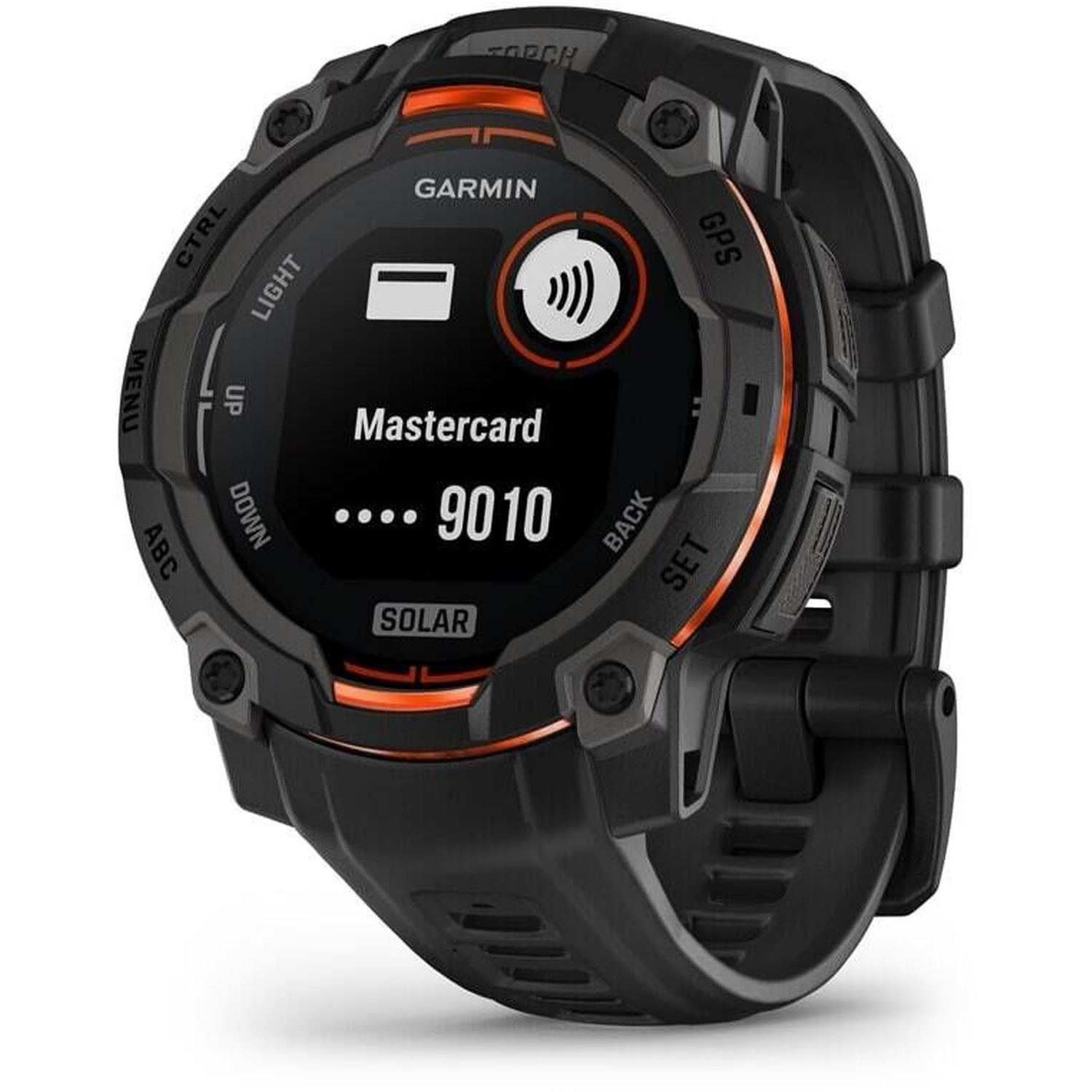 Black Garmin smartwatch. Screen displays Mastercard payment details. Orange accents. Buttons labeled CTRL, MENU, ABC, LIGHT, UP, DOWN, GPS, BACK, SET.