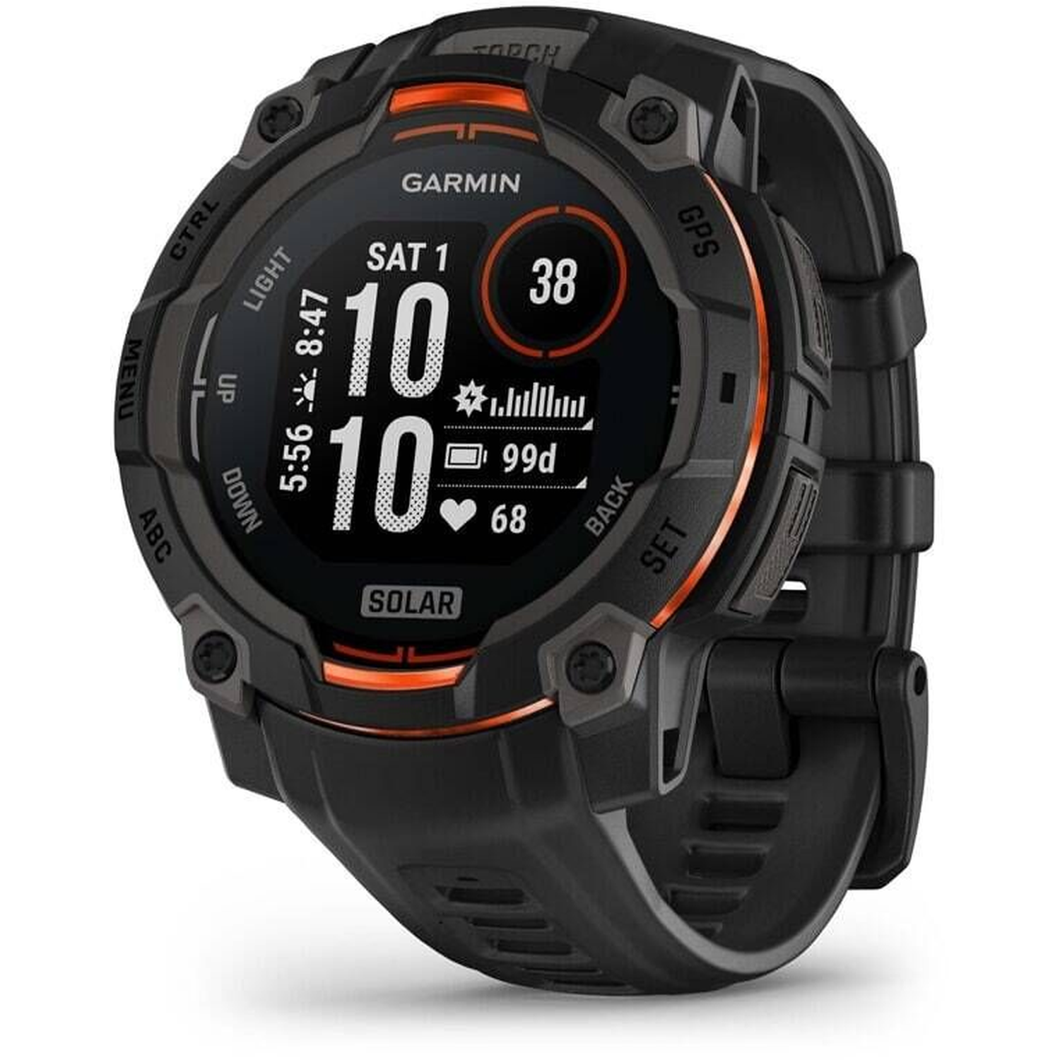 Black Garmin watch with orange accents displays time, date, heart rate, and battery life. It has a solar panel and multiple buttons.