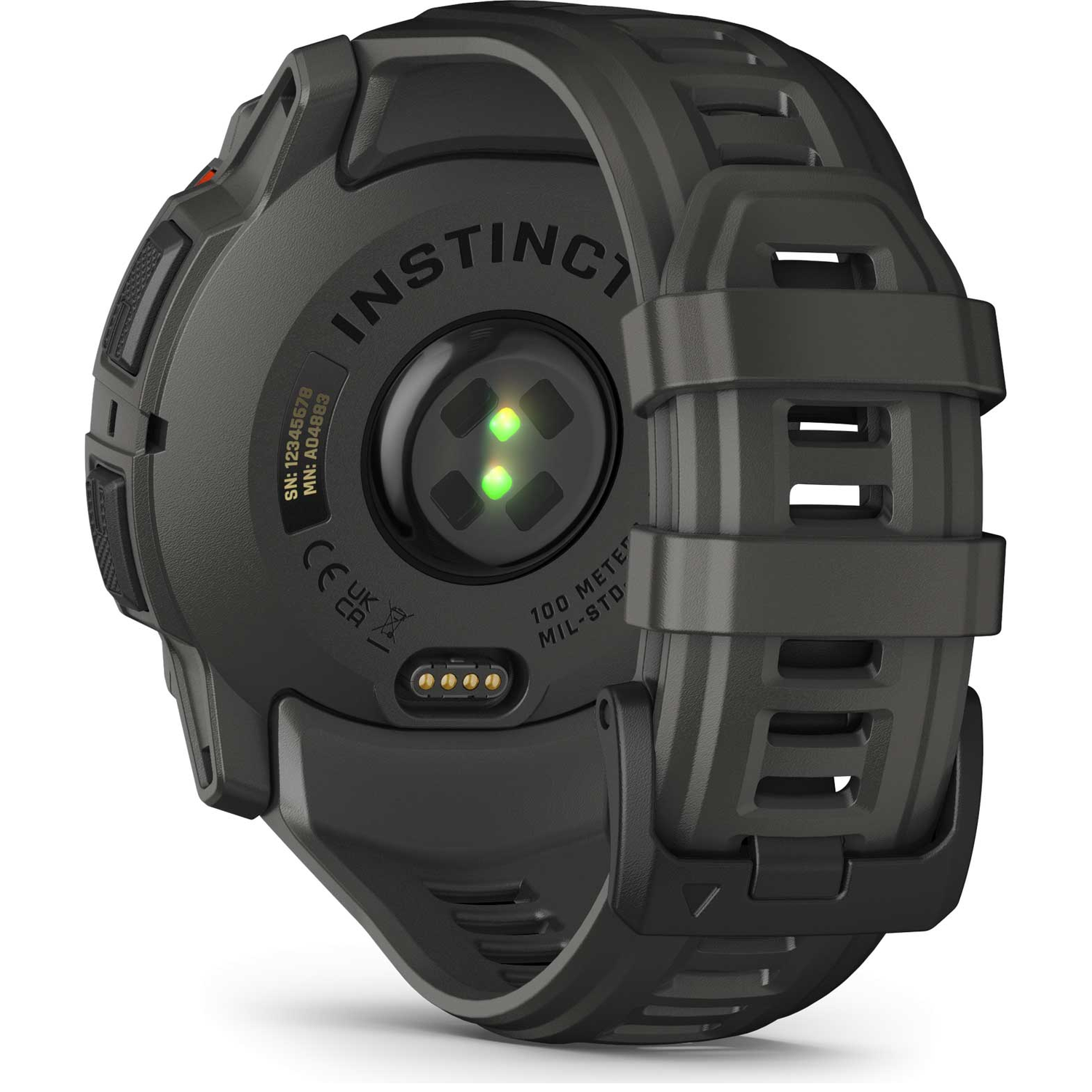 Zwart Garmin Instinct horloge. De achterkant toont de hartslagsensor, de band en modeldetails. Het horloge is zwart met groene lampjes.