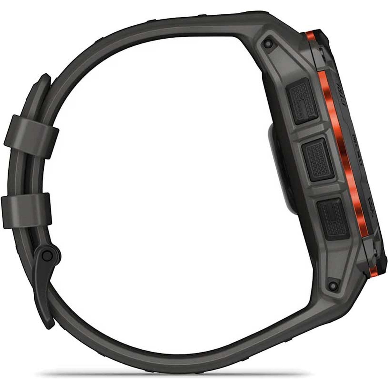 Zijaanzicht van een grijze smartwatch met een zwarte band. Het heeft oranje accenten en verschillende knoppen. De band is bevestigd.