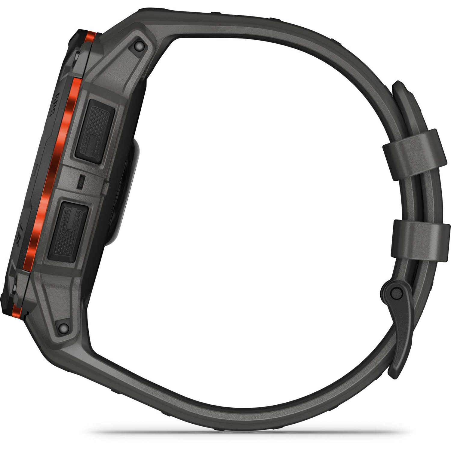 Zijaanzicht van een grijze smartwatch met een zwarte band. Het heeft oranje accenten en knoppen aan de zijkant.